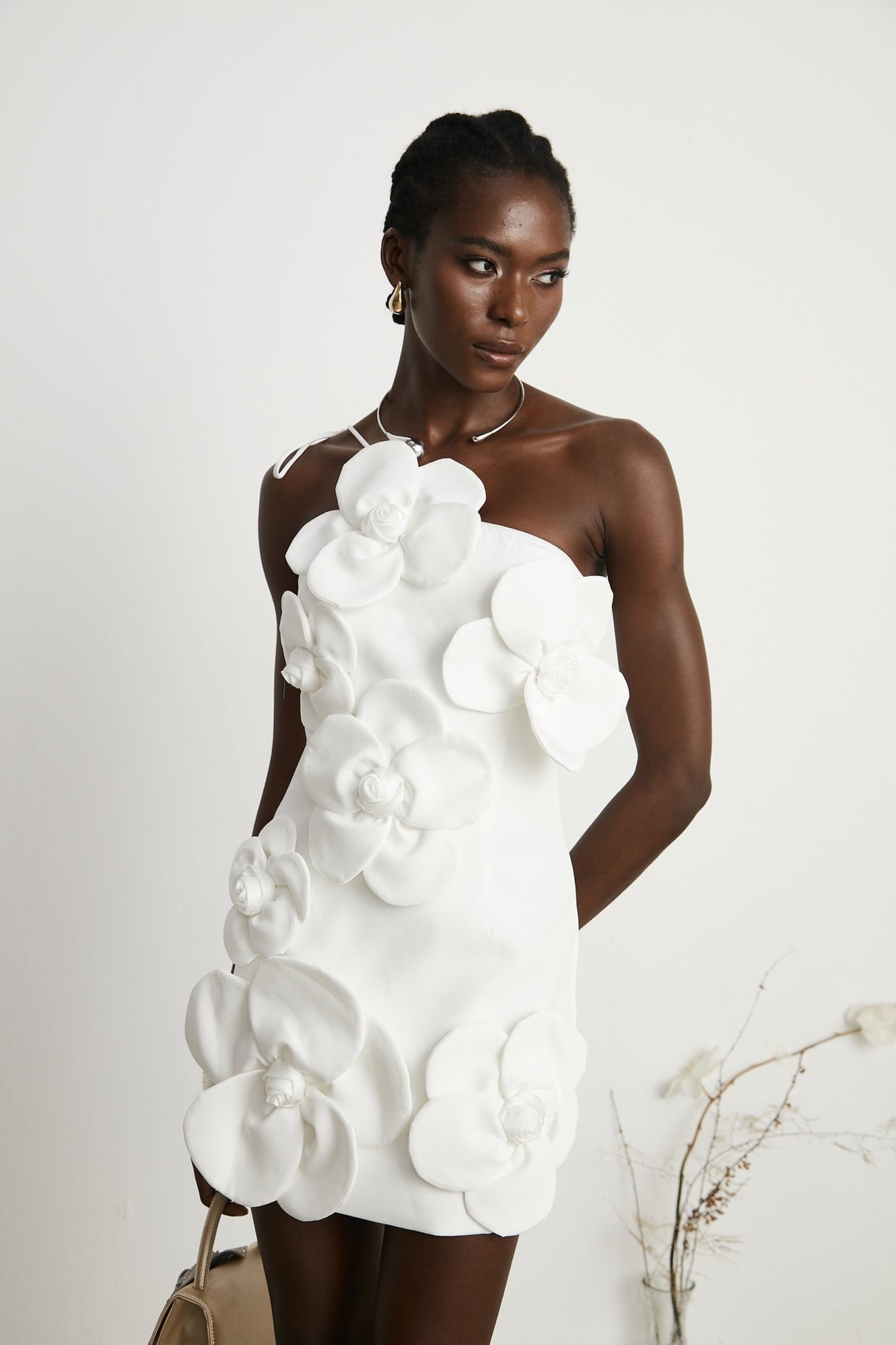 Mariarosa Mini Dress Mariarosa White Faux Flower Tie Side Zip