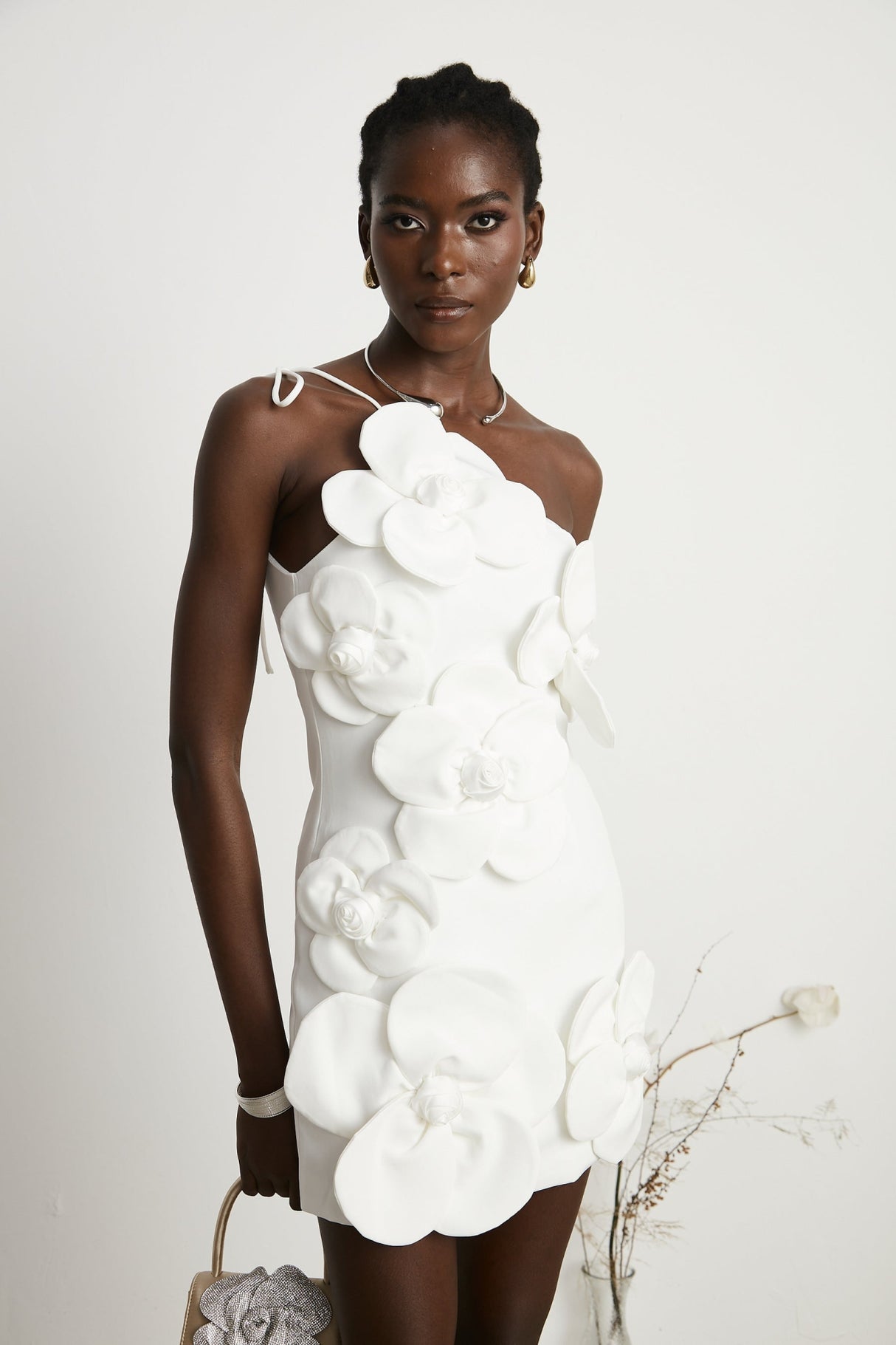 Mariarosa Mini Dress Mariarosa White Faux Flower Tie Side Zip