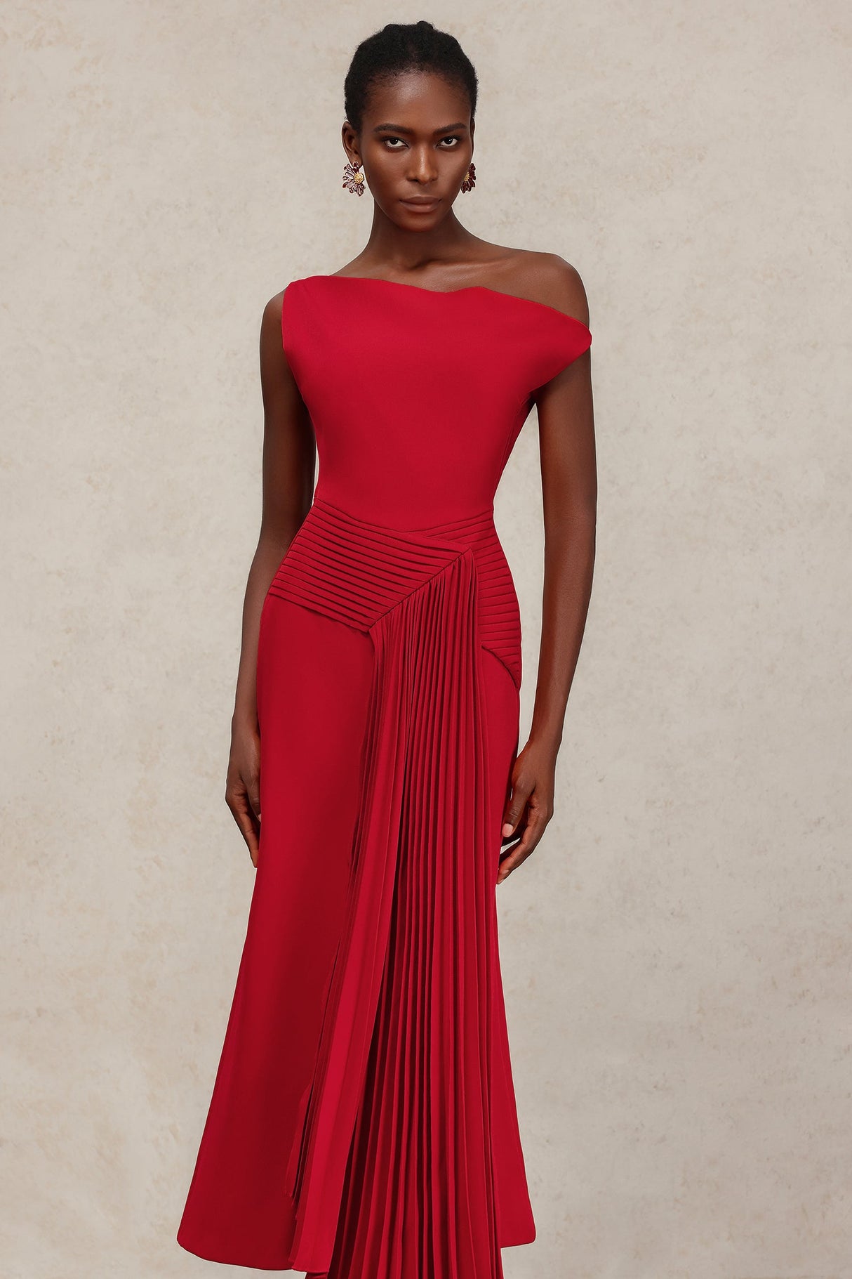 Mariarosa Red Asymmetrical Neckline Dress for Women Formal Events