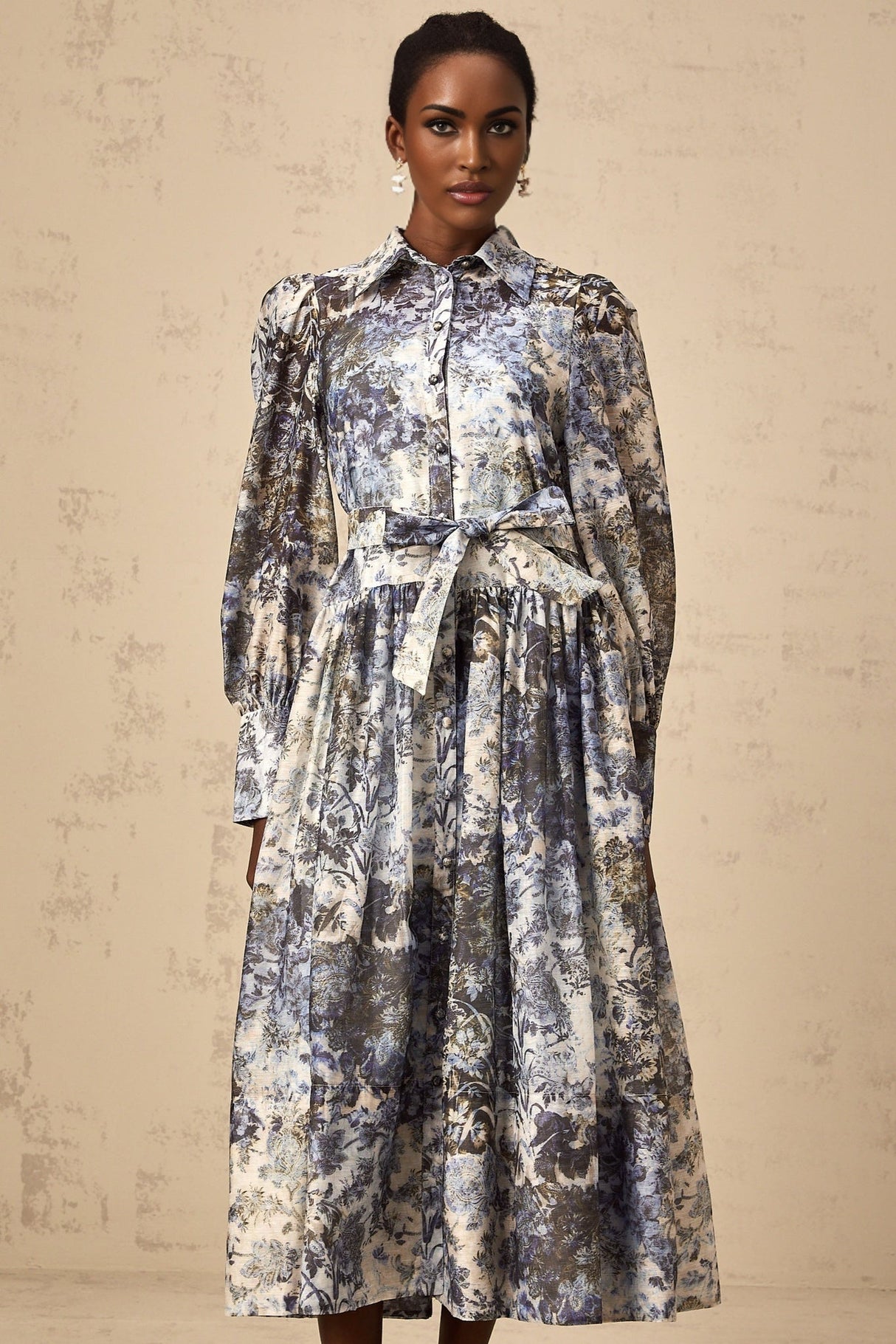 Mariateresa Floral Midi Dress in Blue with Long Puff Sleeves & SelfTie Design