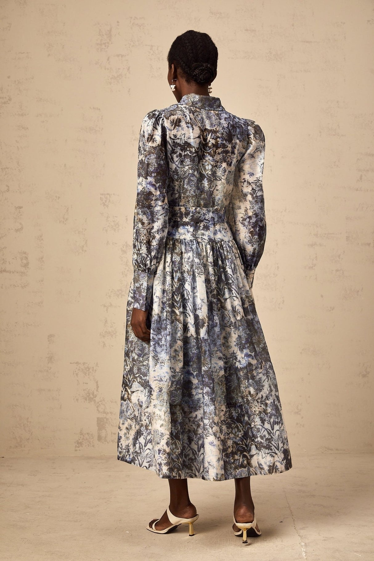 Mariateresa Floral Midi Dress in Blue with Long Puff Sleeves & SelfTie Design