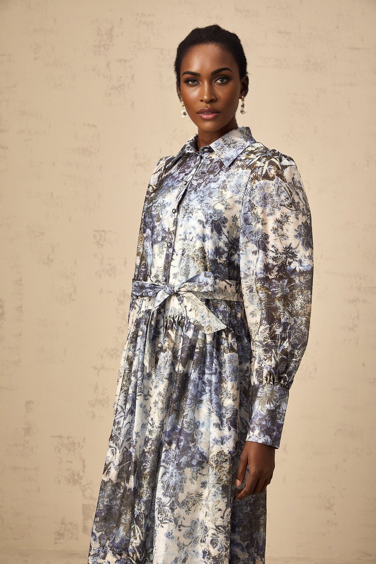Mariateresa Floral Midi Dress in Blue with Long Puff Sleeves & SelfTie Design