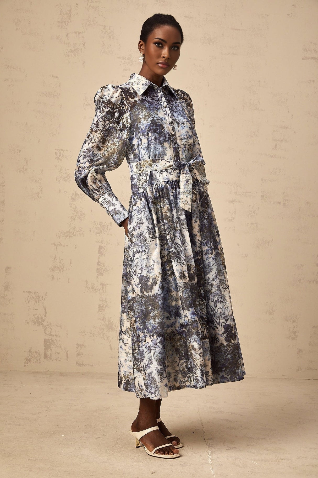 Mariateresa Floral Midi Dress in Blue with Long Puff Sleeves & SelfTie Design