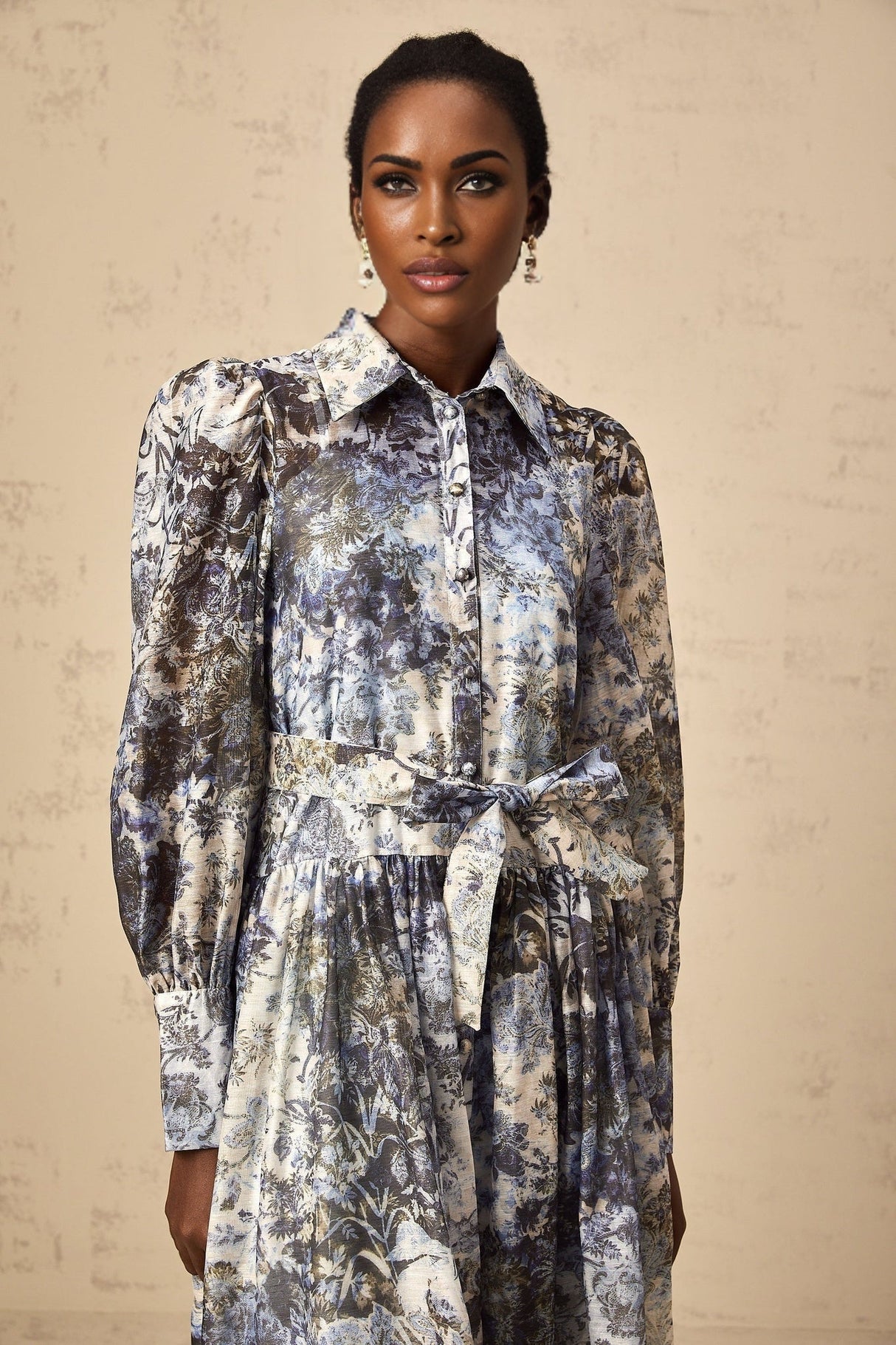 Mariateresa Floral Midi Dress in Blue with Long Puff Sleeves & SelfTie Design