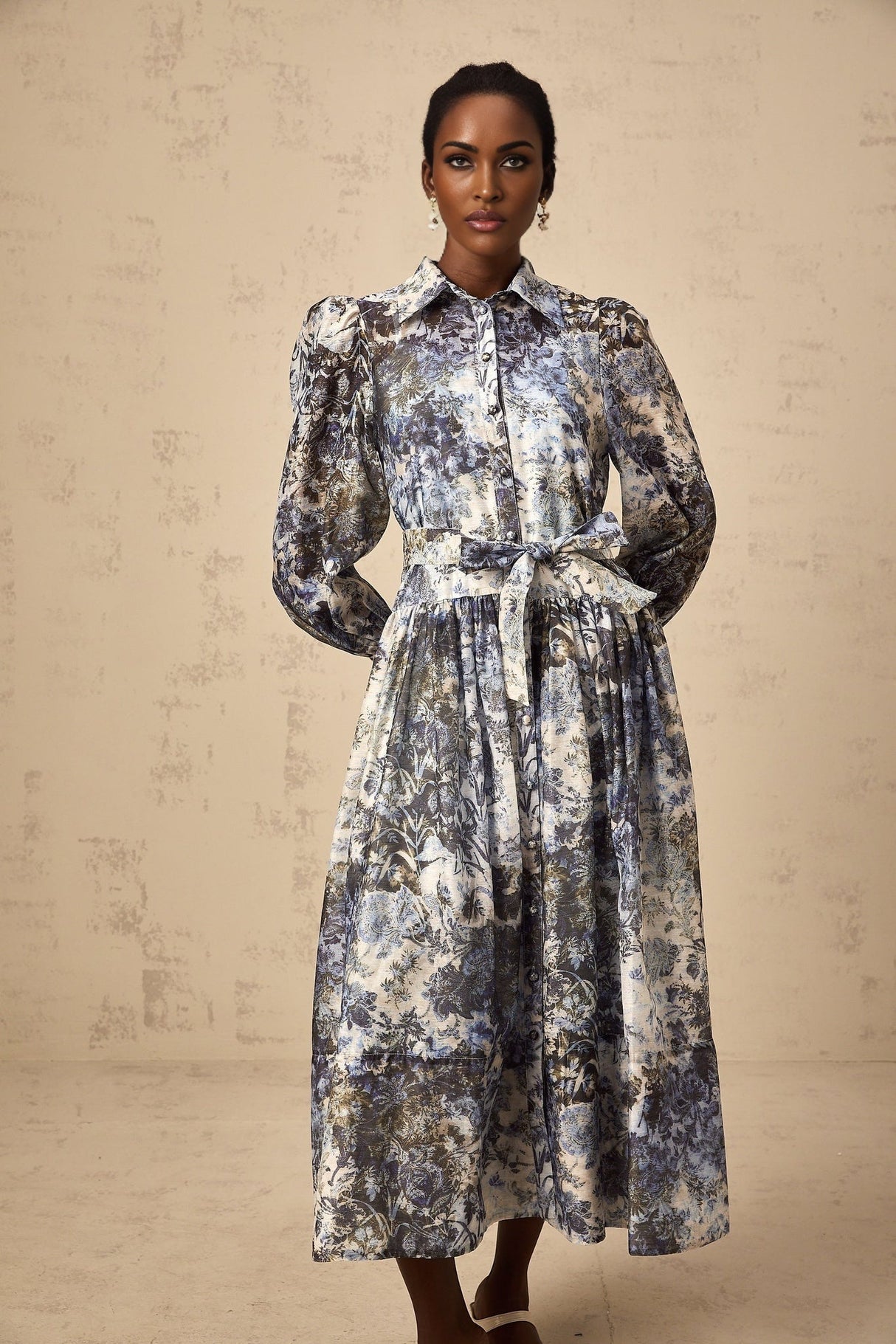 Mariateresa Floral Midi Dress in Blue with Long Puff Sleeves & SelfTie Design