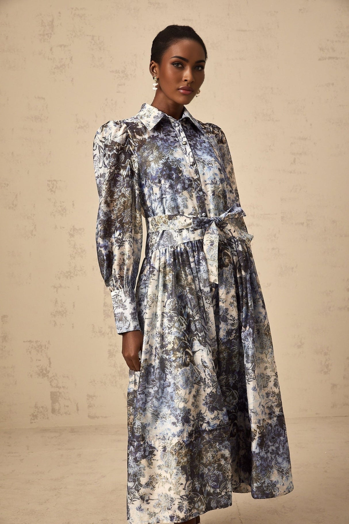 Mariateresa Floral Midi Dress in Blue with Long Puff Sleeves & SelfTie Design