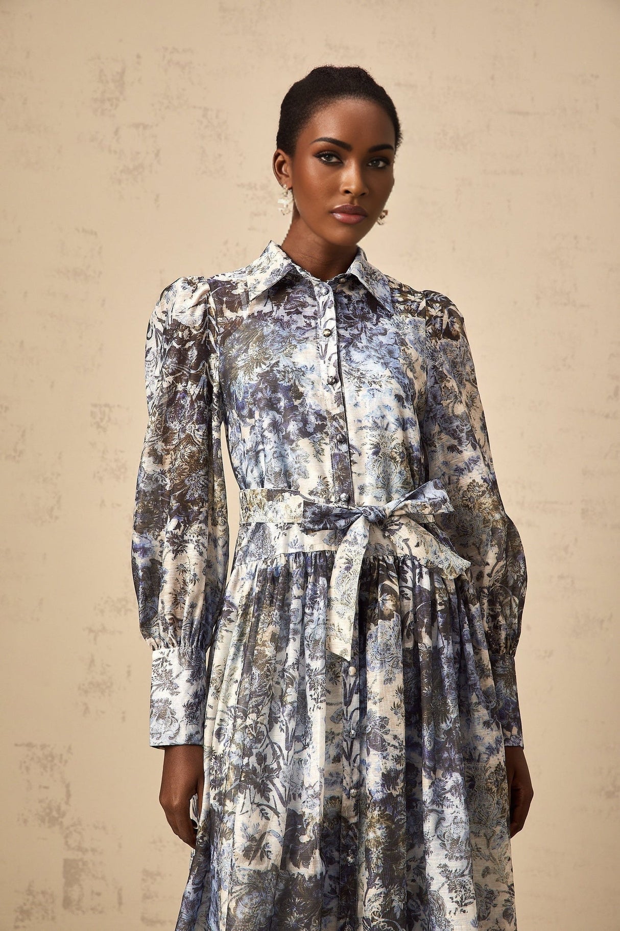 Mariateresa Floral Midi Dress in Blue with Long Puff Sleeves & SelfTie Design