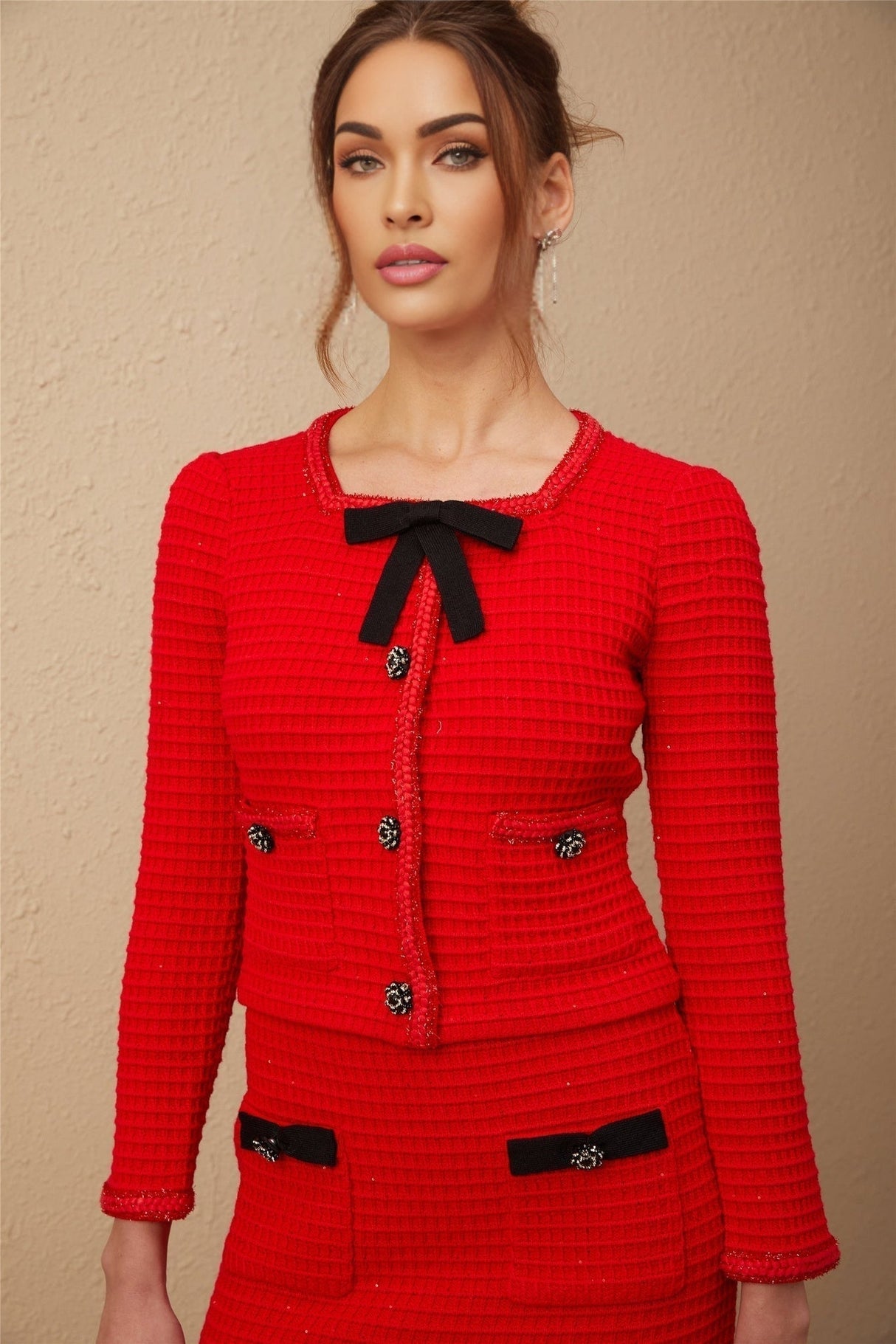 Mariateresa Jacket & Skirt Red Braided Waffle Knit Set