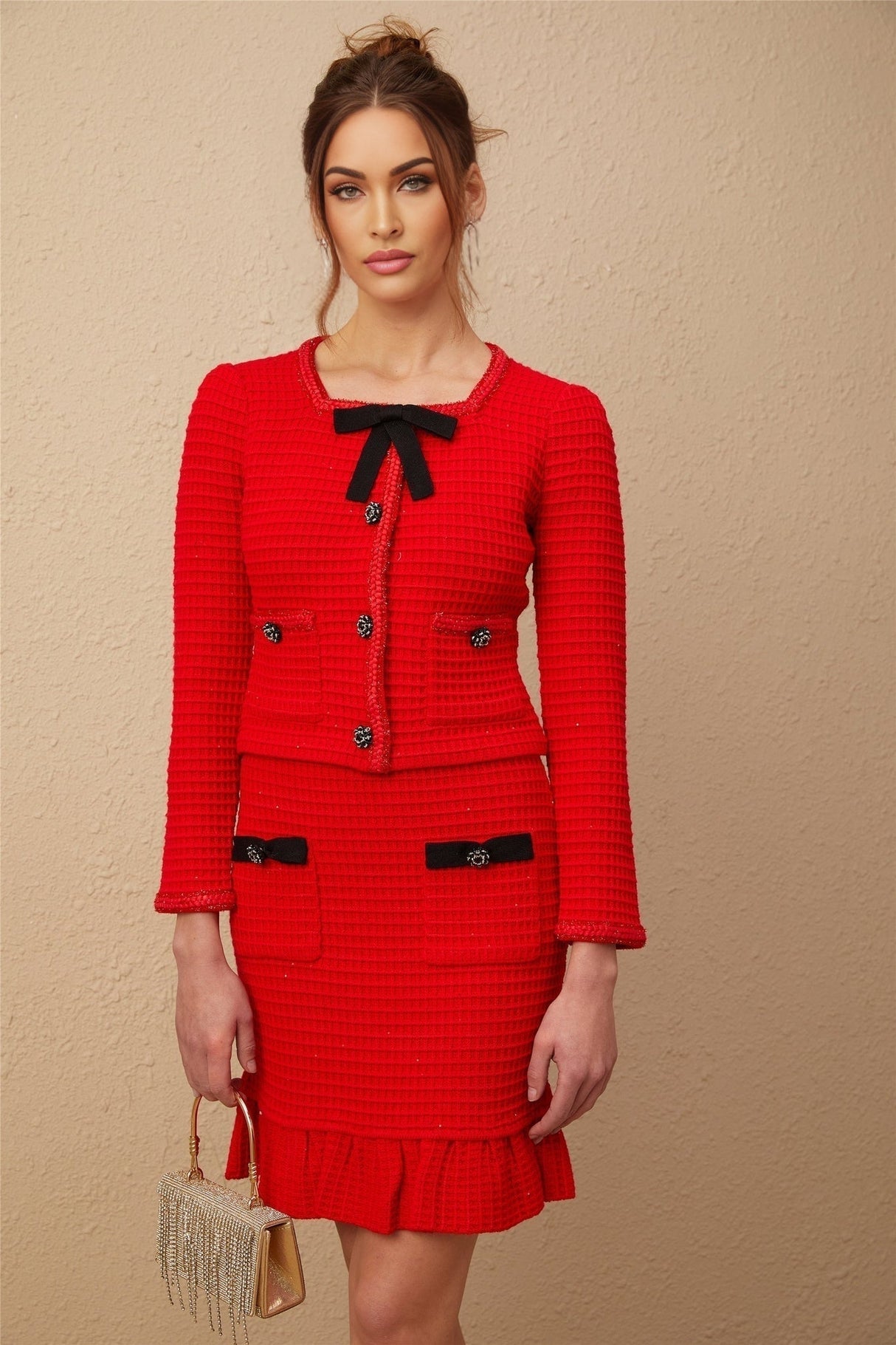 Mariateresa Jacket & Skirt Red Braided Waffle Knit Set