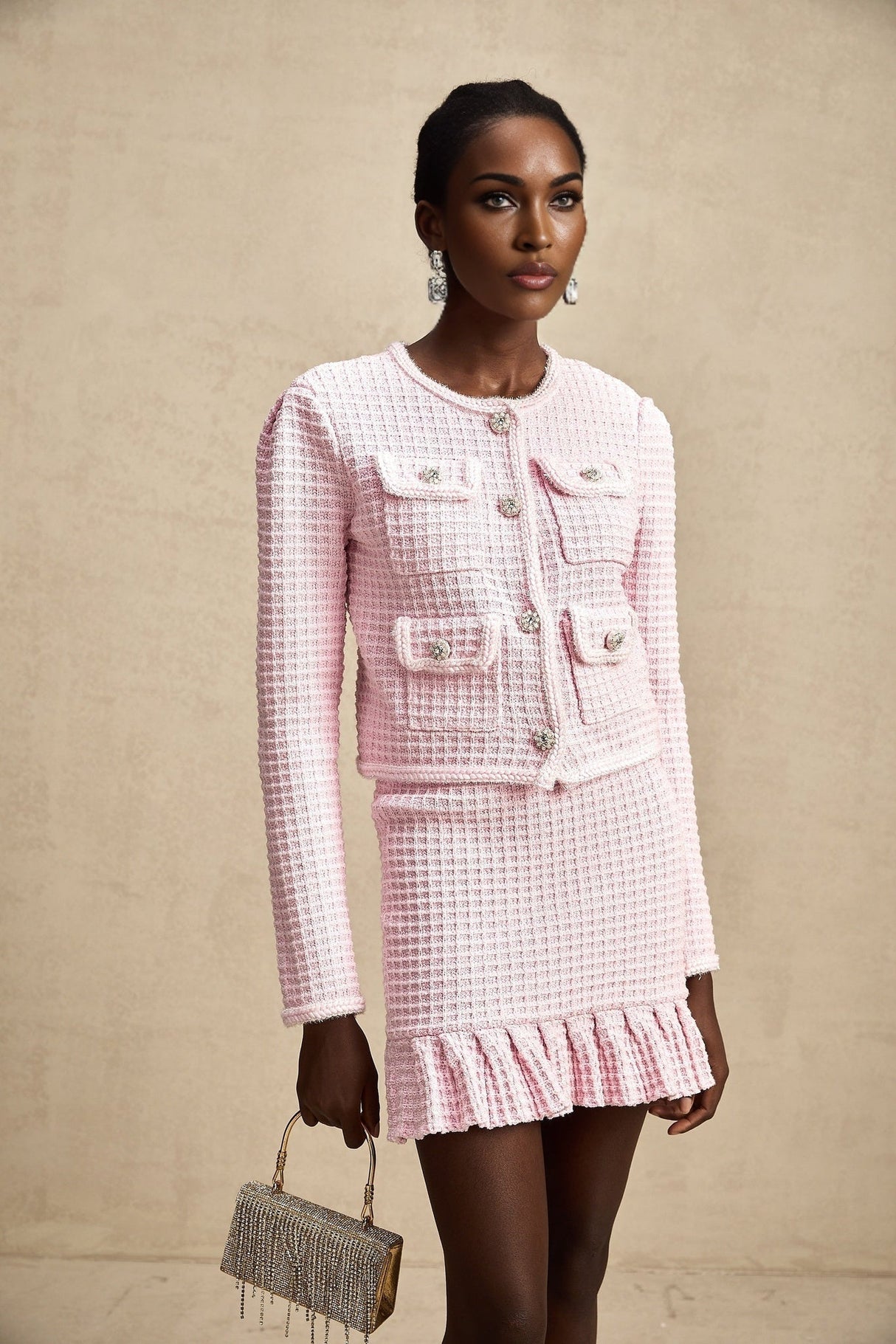 Mariella Jacket & Skirt Mariella Pink Waffle Knit Crystal Embellished
