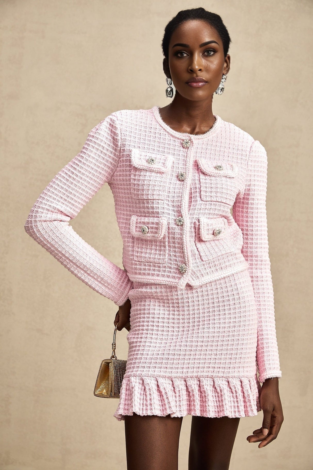 Mariella Jacket & Skirt Mariella Pink Waffle Knit Crystal Embellished
