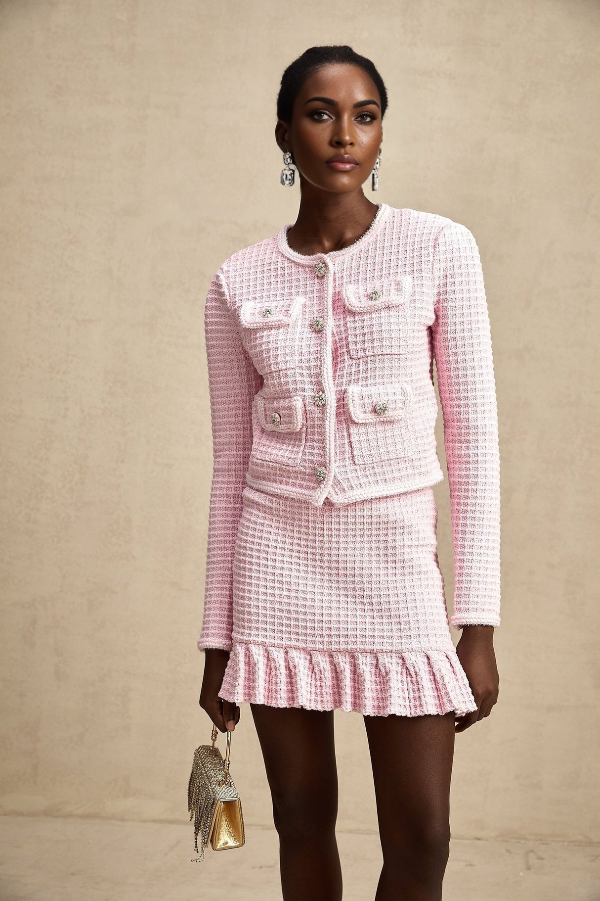 Mariella Jacket & Skirt Mariella Pink Waffle Knit Crystal Embellished