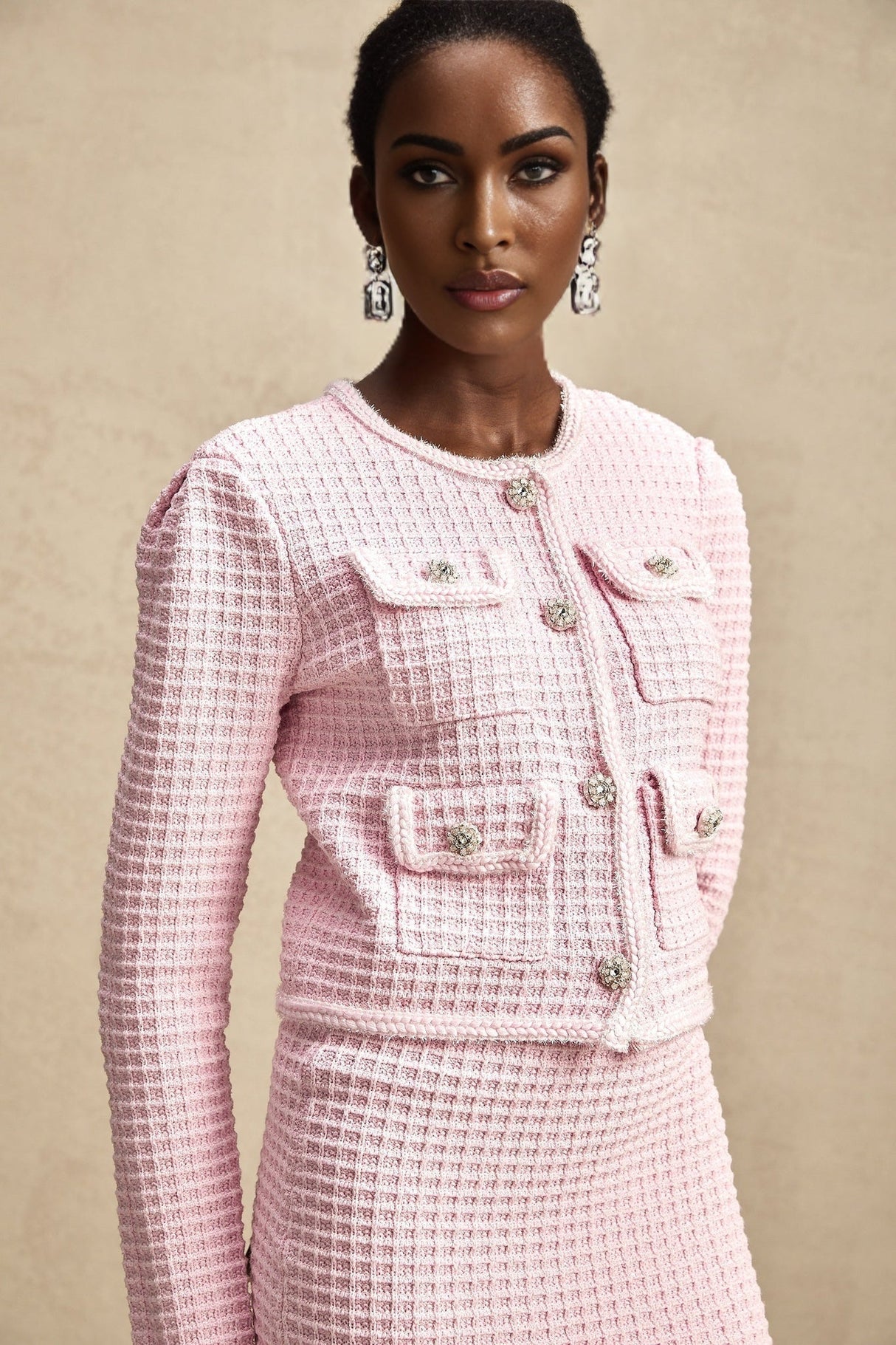 Mariella Jacket & Skirt Mariella Pink Waffle Knit Crystal Embellished