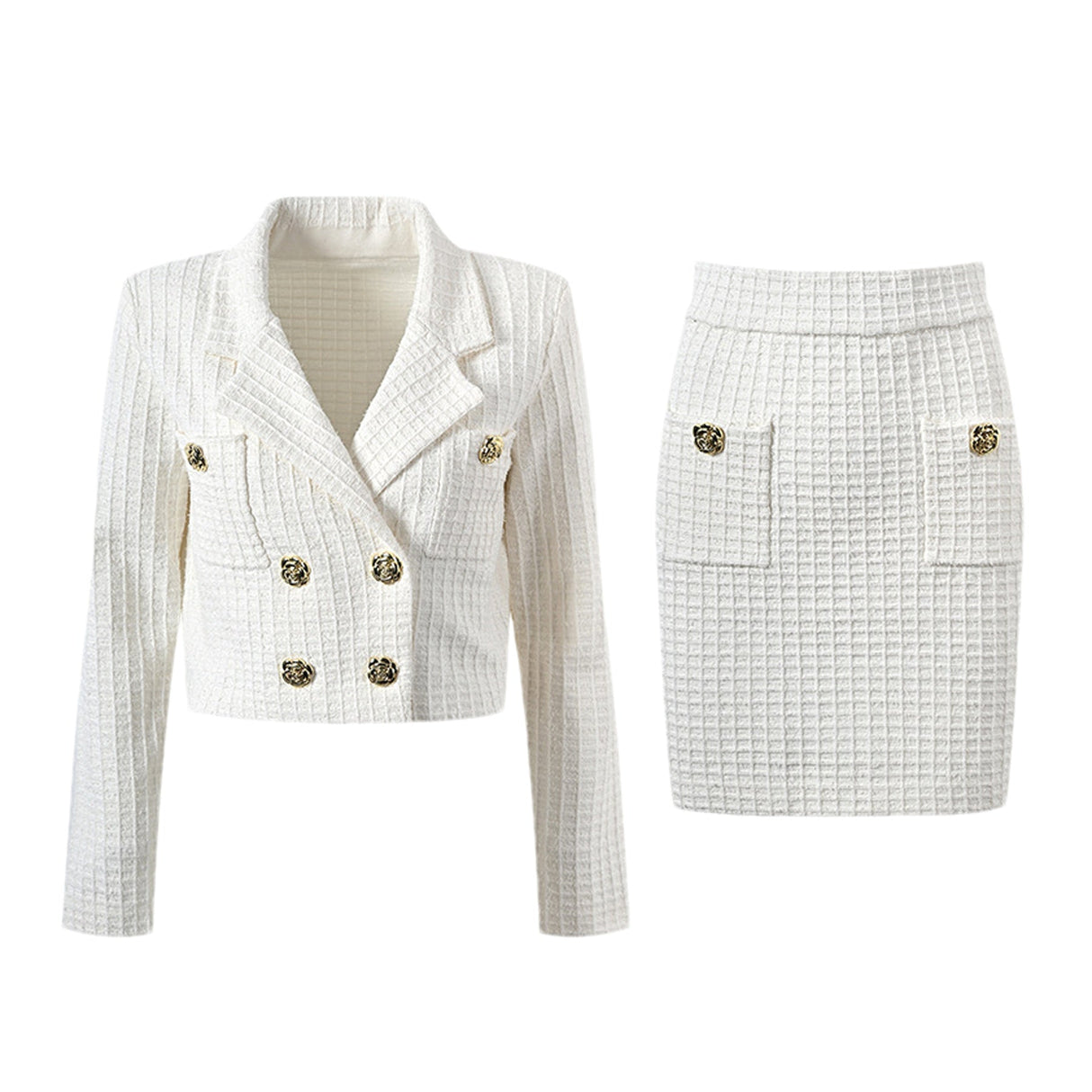 Mariella Jacket & Skirt White Waffle Knit Set