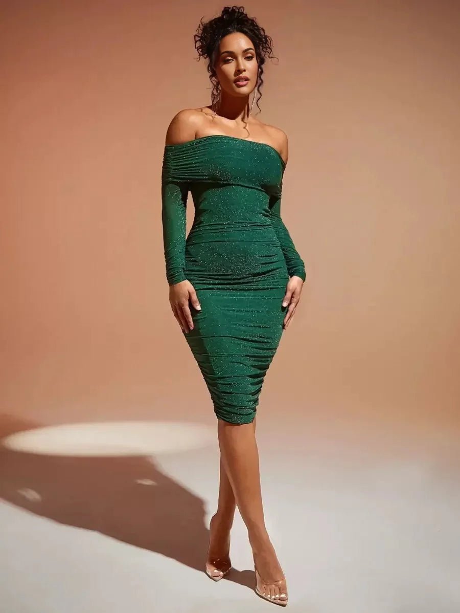 Mariella Midi Dress - Off The Shoulder - Ruched Detail - Bodycon Fit - Metallic Material