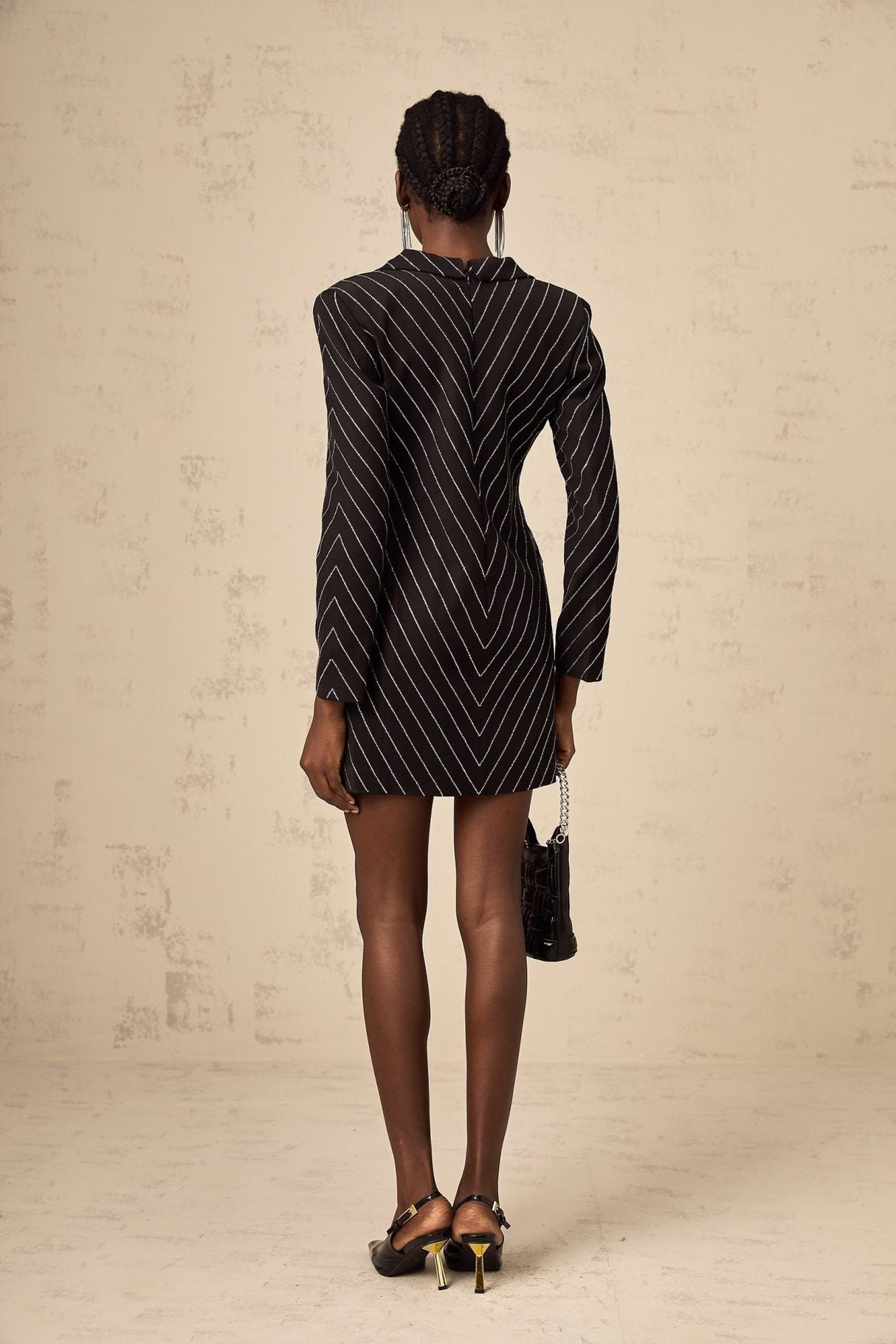 Mariella Mini Dress Black Striped Rhinestone Embellished & Chic