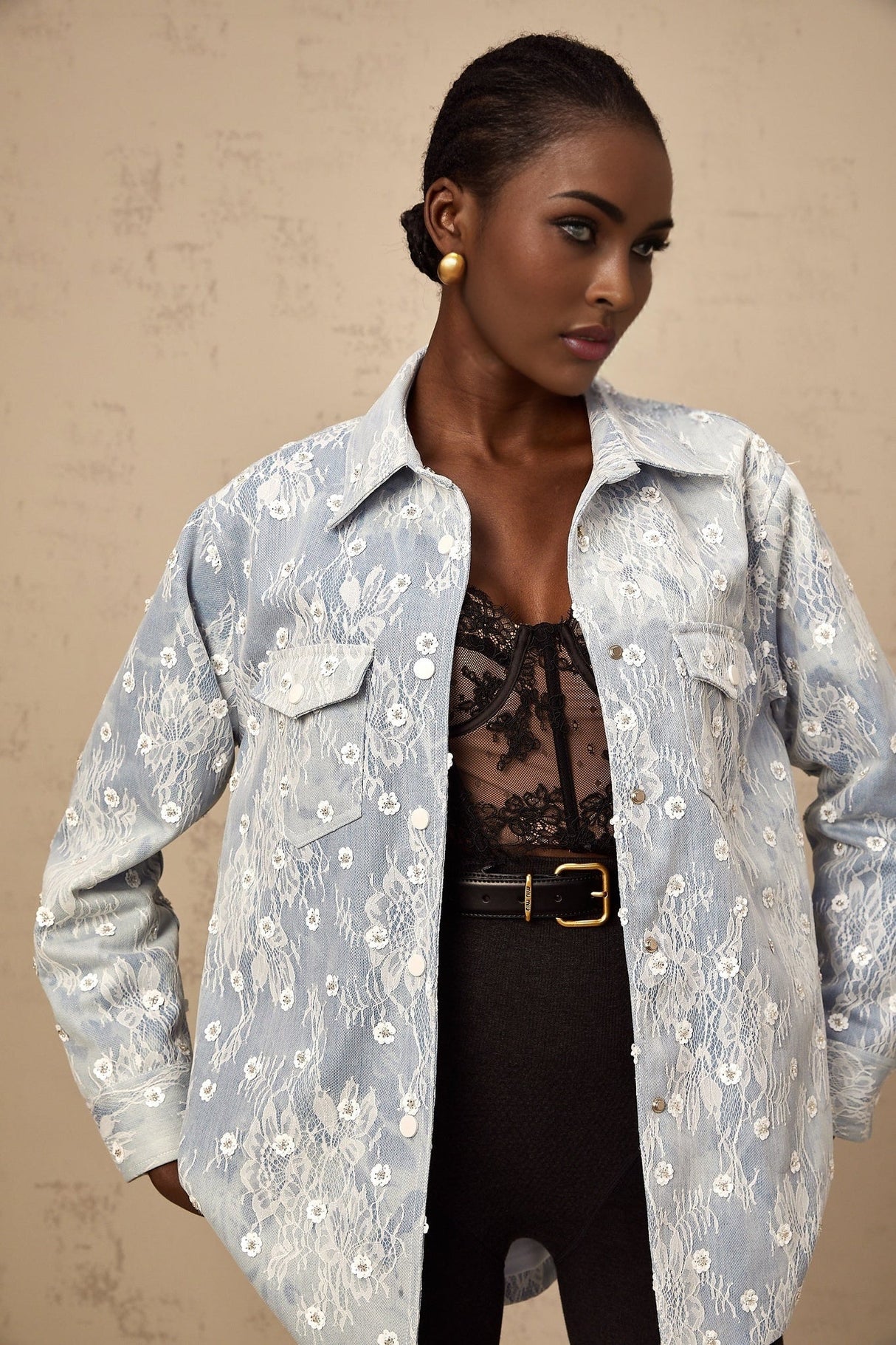 Marina Denim Jacket Blue Floral Sequin Applique