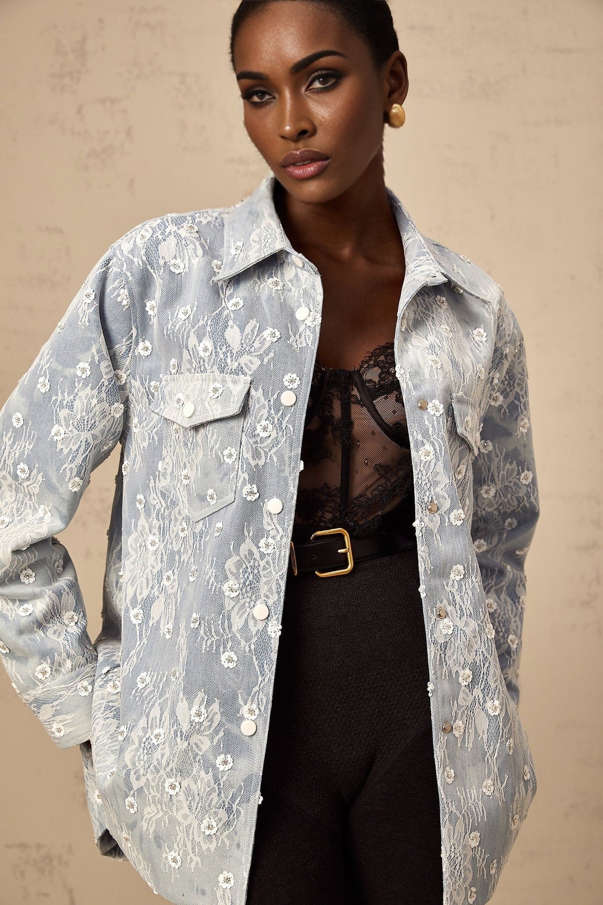Marina Denim Jacket Blue Floral Sequin Applique