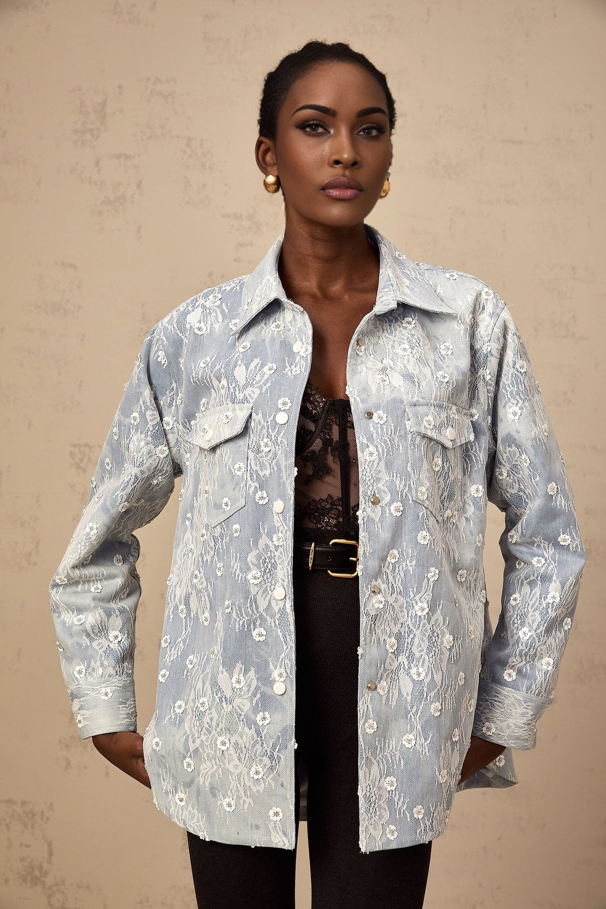 Marina Denim Jacket Blue Floral Sequin Applique