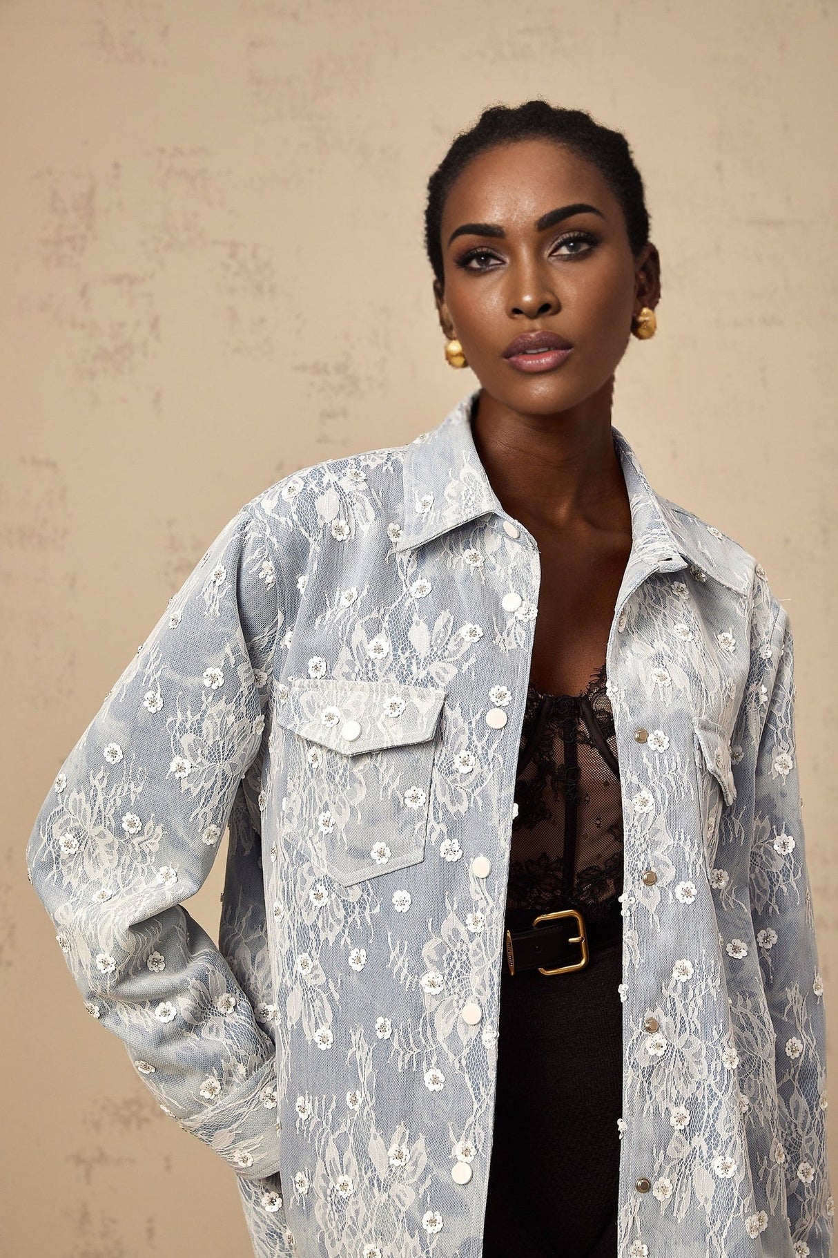 Marina Denim Jacket - Classic Collar - Buttoned Cuffs - Lace Trim - Sequin Embellishments
