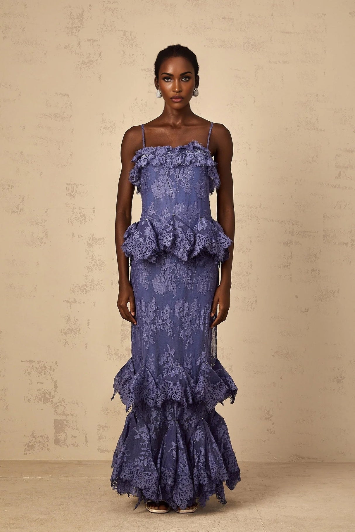 Marina Maxi Dress Purple Floral Lace Rhinestone Ruffle Bouquet