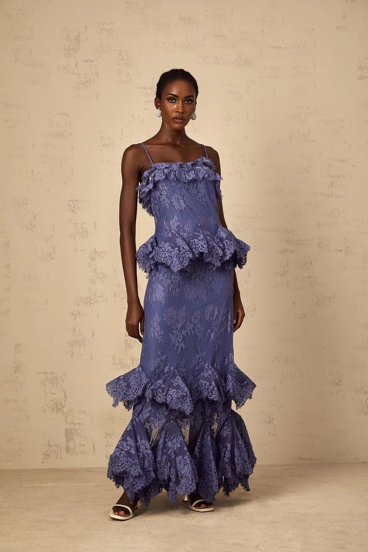 Marina Maxi Dress Purple Floral Lace Rhinestone Ruffle Bouquet