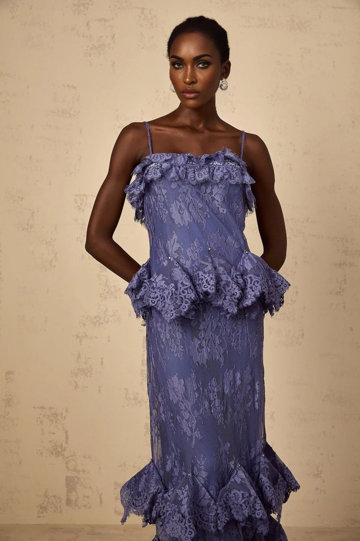 Marina Maxi Dress Purple Floral Lace Rhinestone Ruffle Bouquet