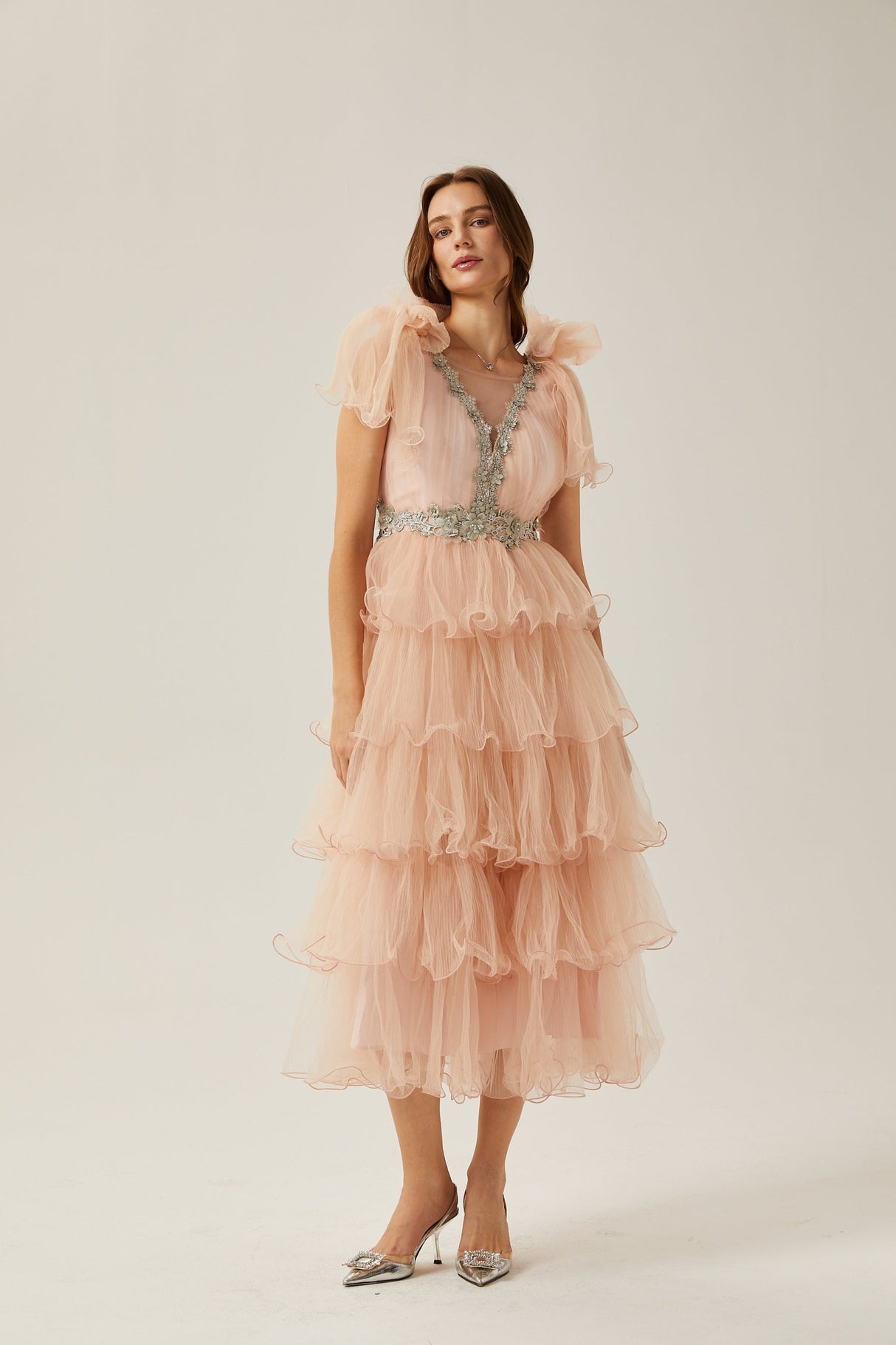 Marina Midi Dress Pink Crystal Embellished Tiered Ruffled