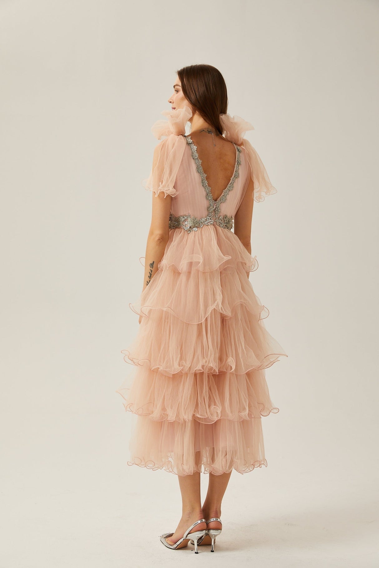 Marina Midi Dress Pink Crystal Embellished Tiered Ruffled