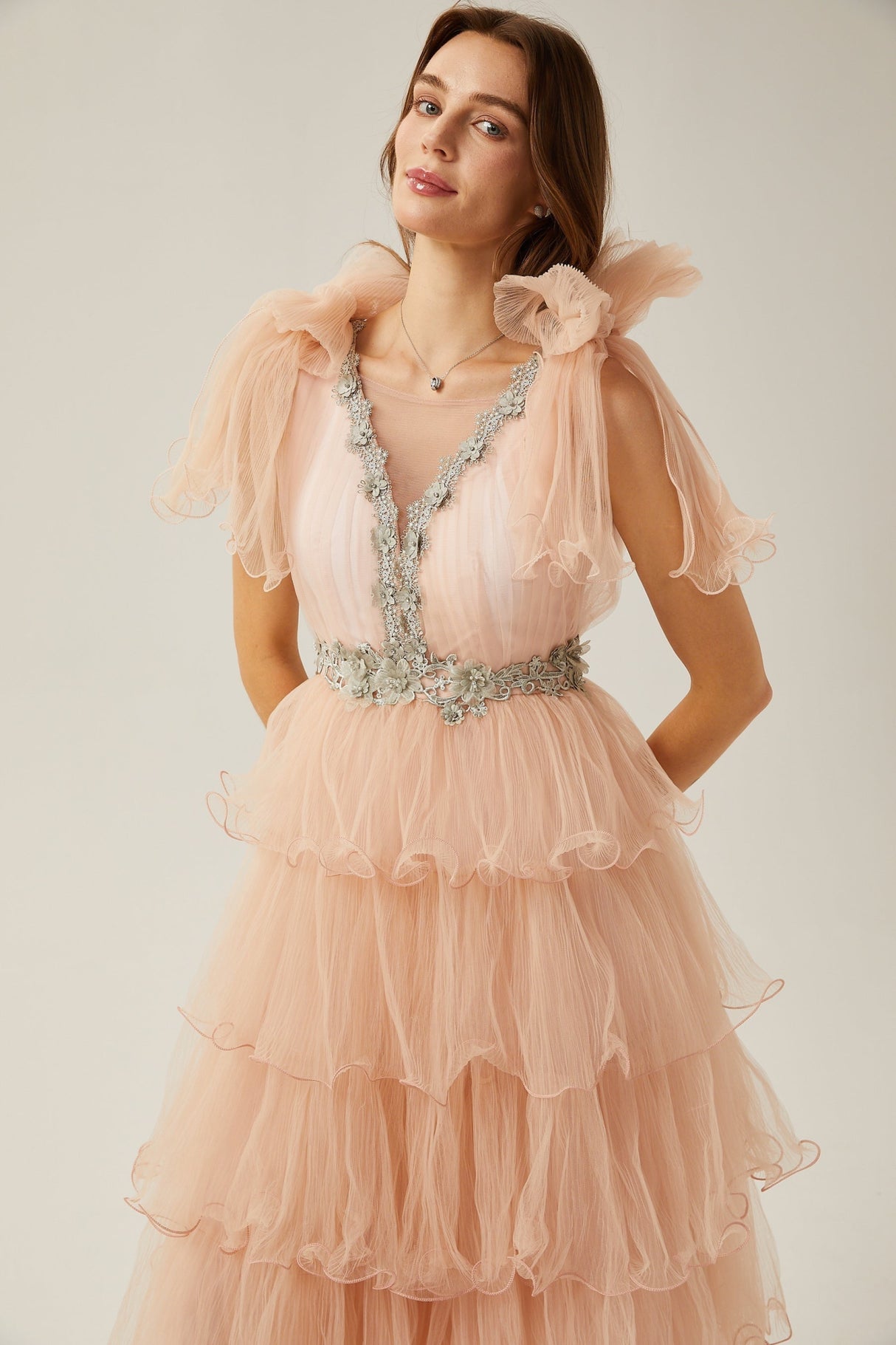 Marina Midi Dress Pink Crystal Embellished Tiered Ruffled