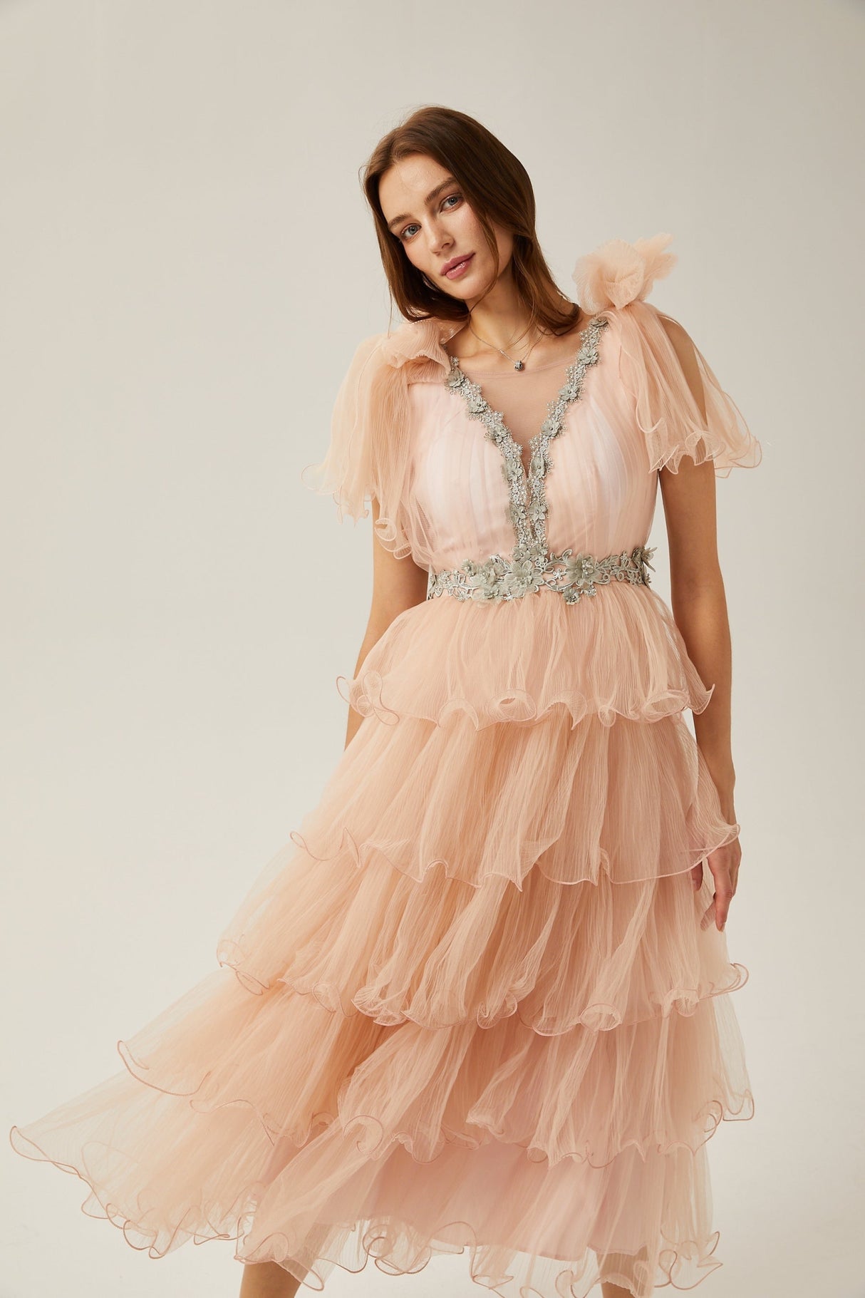 Marina Midi Dress Pink Crystal Embellished Tiered Ruffled