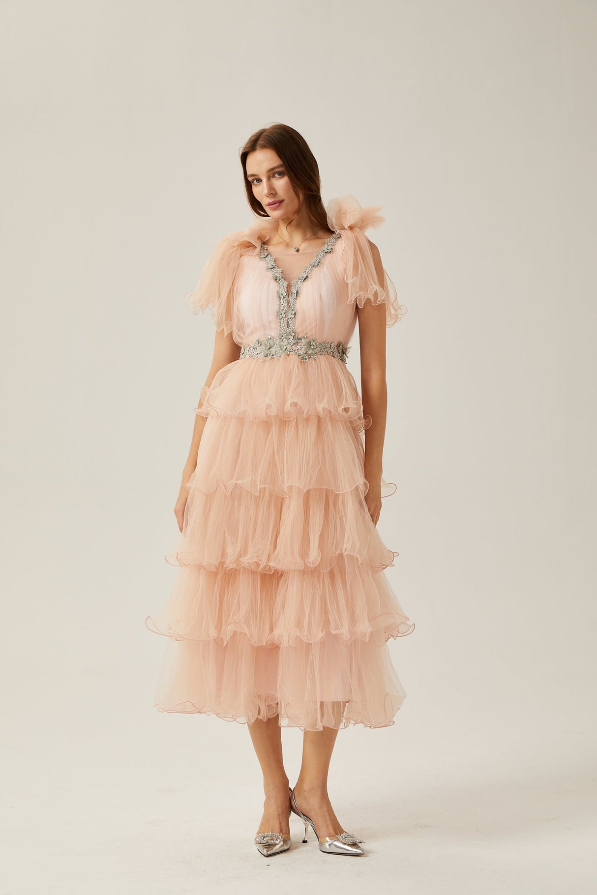 Marina Midi Dress Pink Crystal Embellished Tiered Ruffled