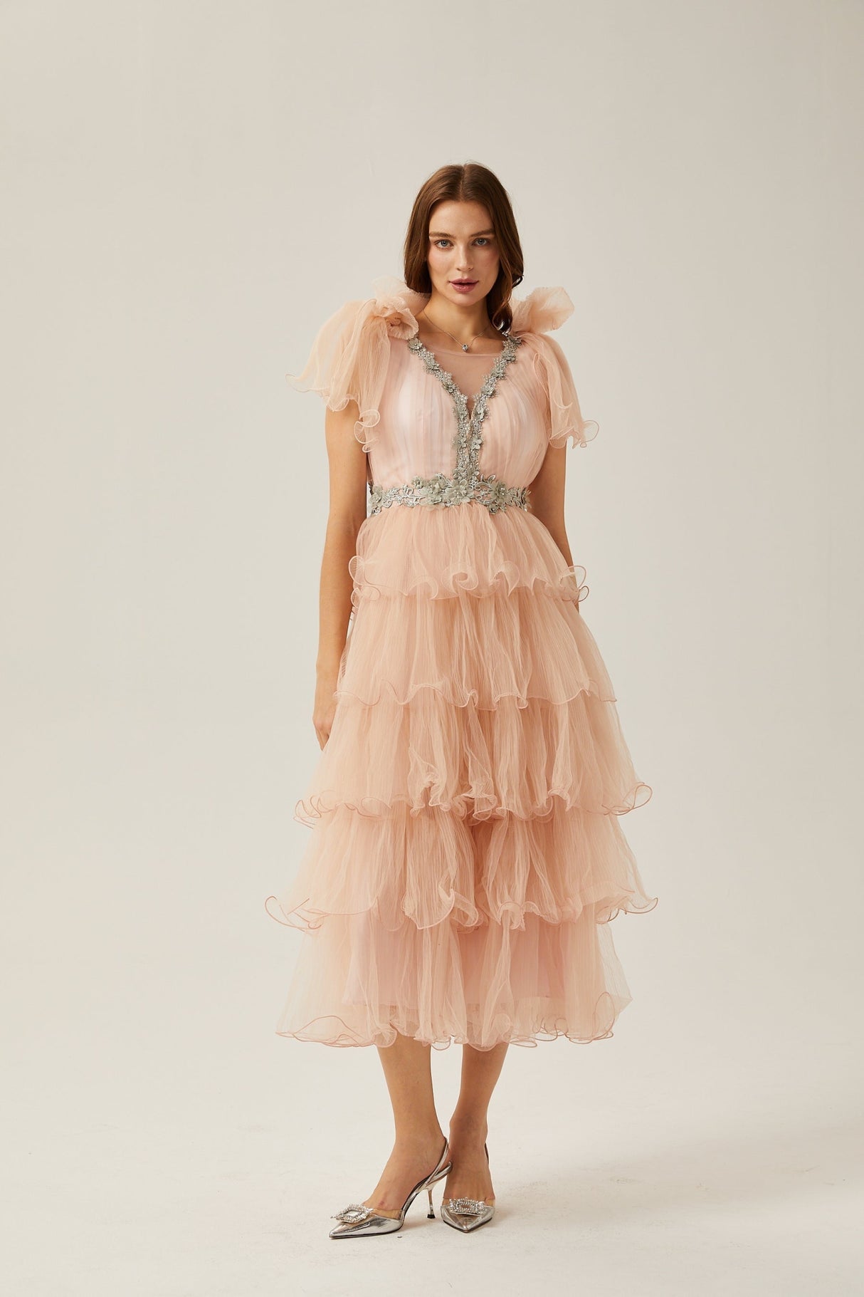 Marina Midi Dress Pink Crystal Embellished Tiered Ruffled
