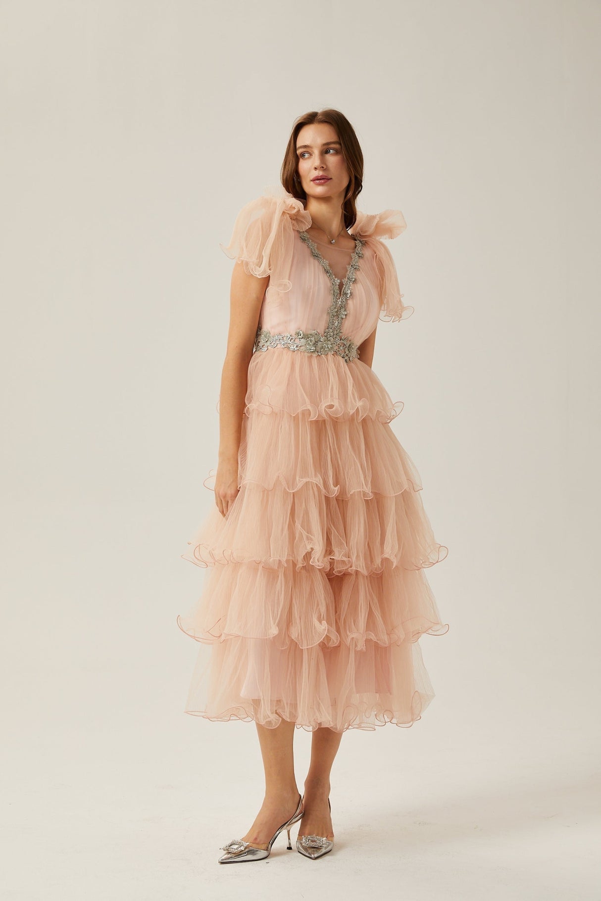 Marina Midi Dress Pink Crystal Embellished Tiered Ruffled