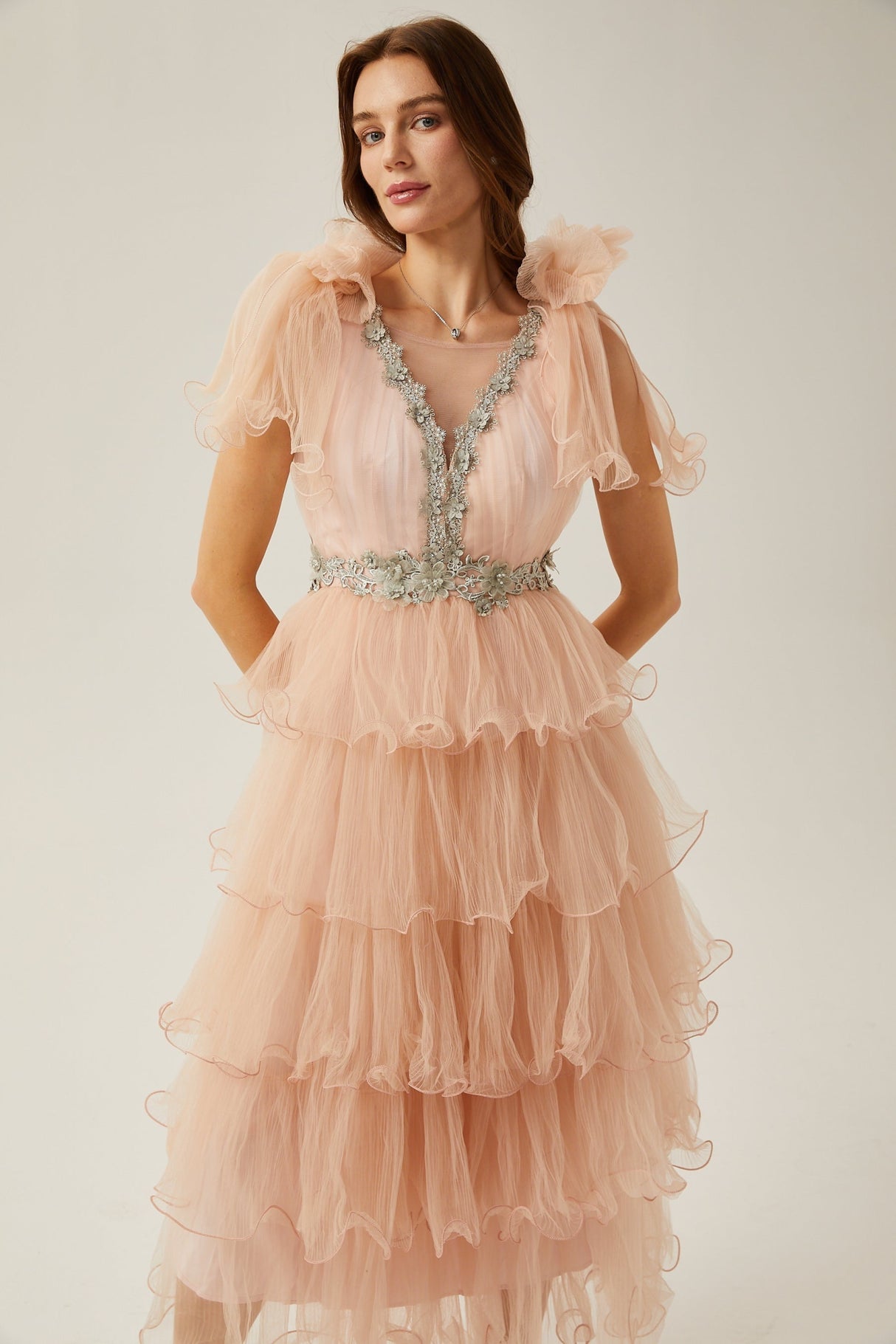 Marina Midi Dress Pink Crystal Embellished Tiered Ruffled
