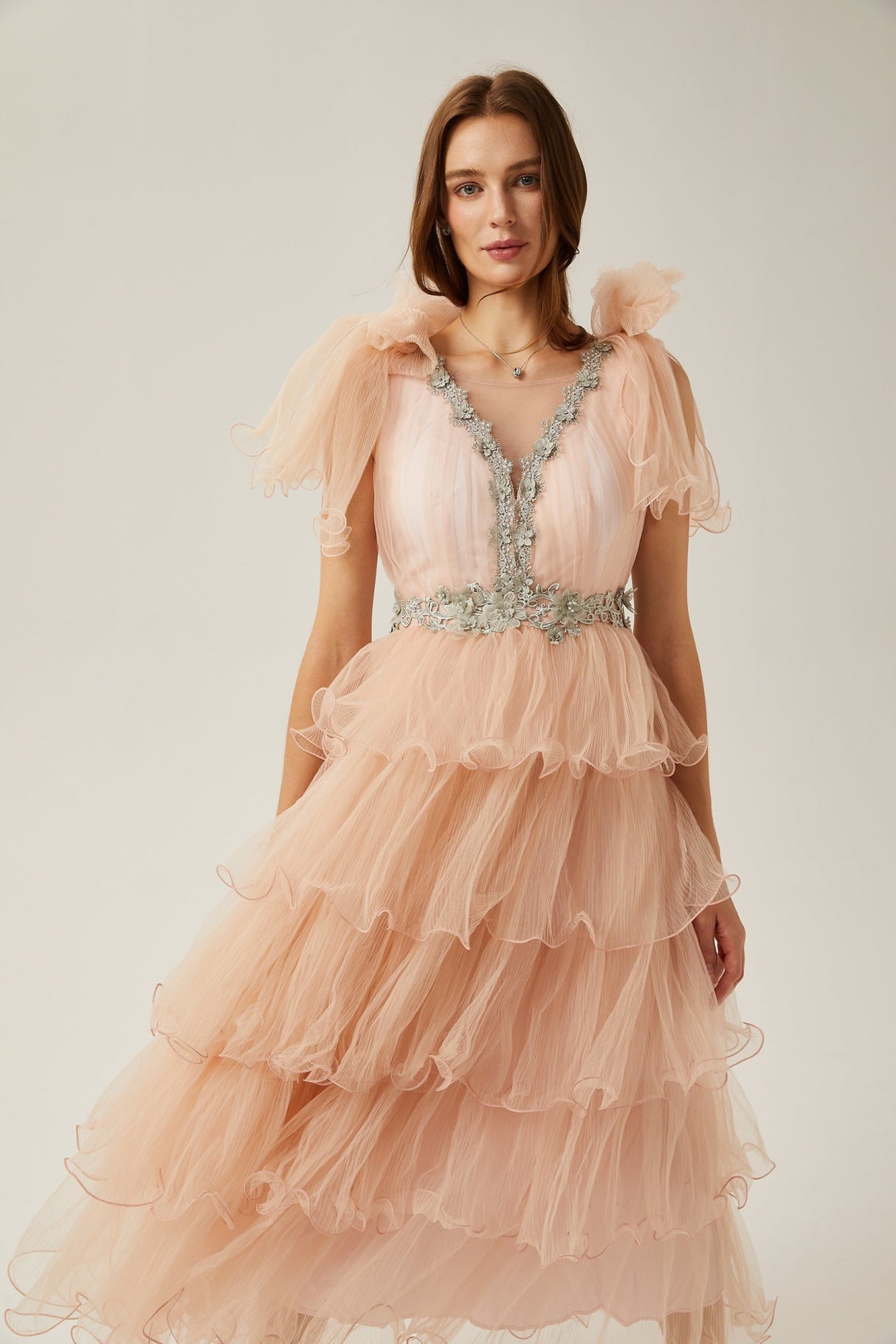 Marina Midi Dress Pink Crystal Embellished Tiered Ruffled