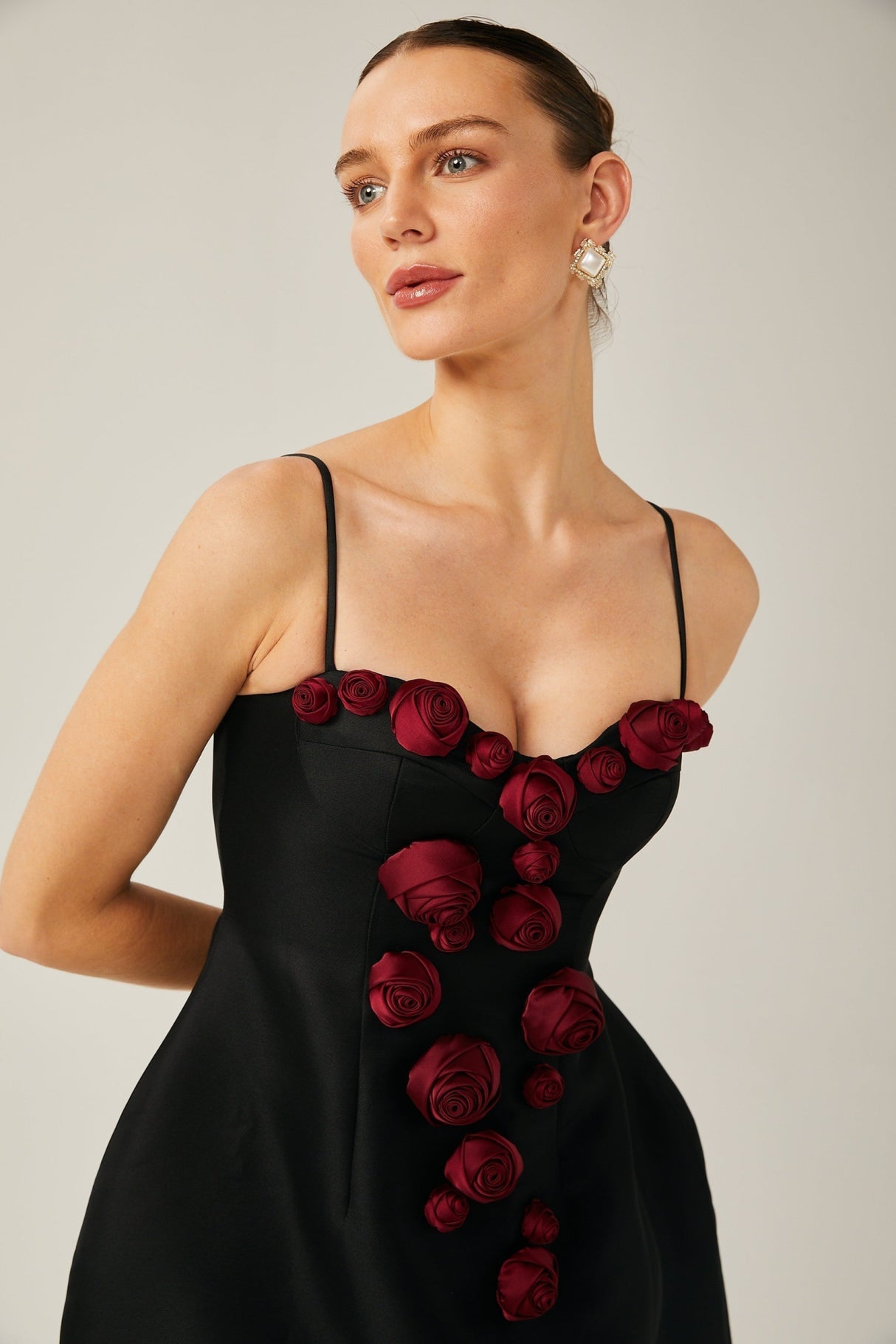 Marina Mini Dress Floral Applique Bustier Style Black