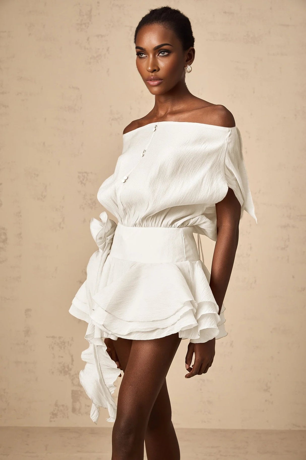 Marina Mini Dress White Floral Appliqu Off - shoulder Founce Tiered Skirt