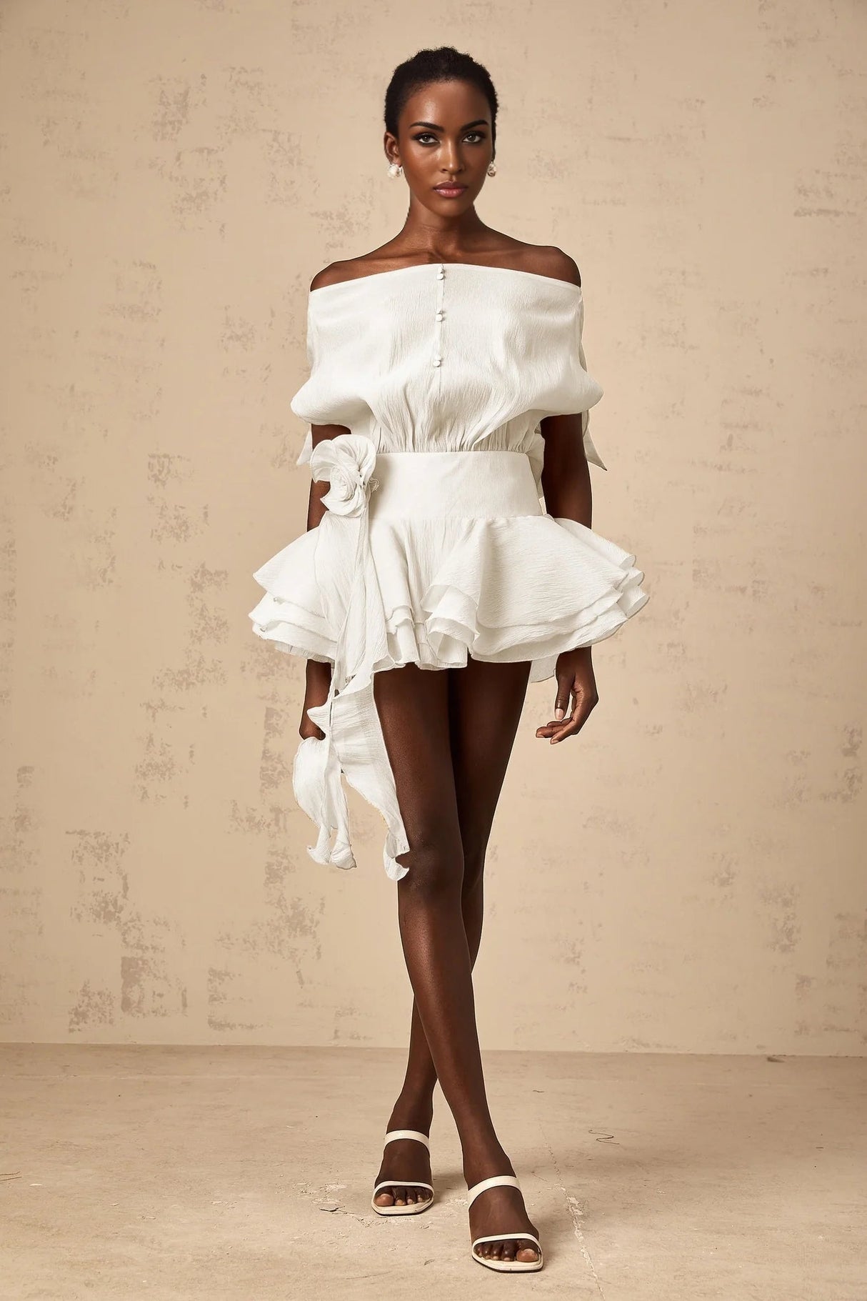 Marina Mini Dress White Floral Appliqu Off - shoulder Founce Tiered Skirt