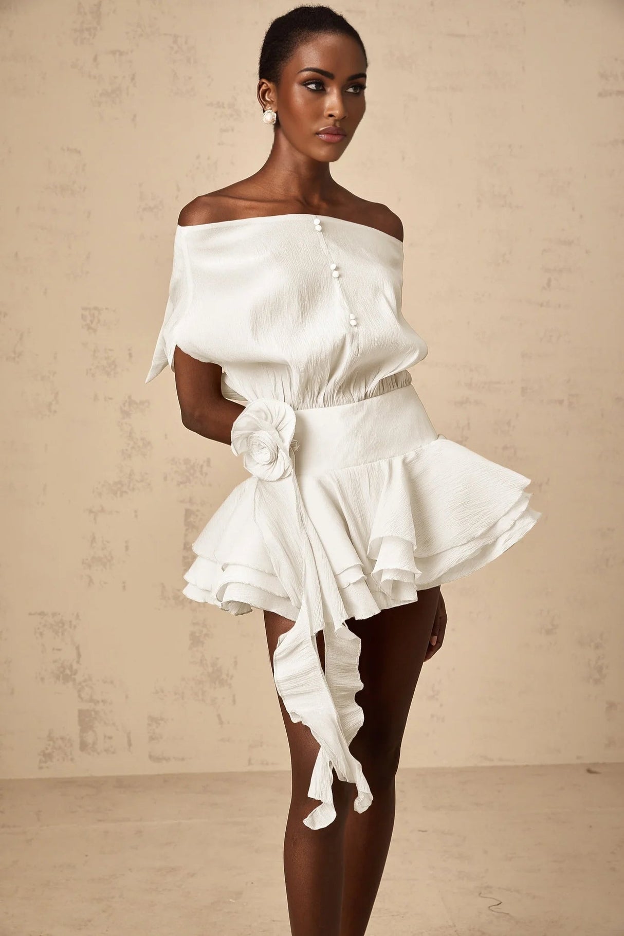 Marina Mini Dress White Floral Appliqu Off - shoulder Founce Tiered Skirt