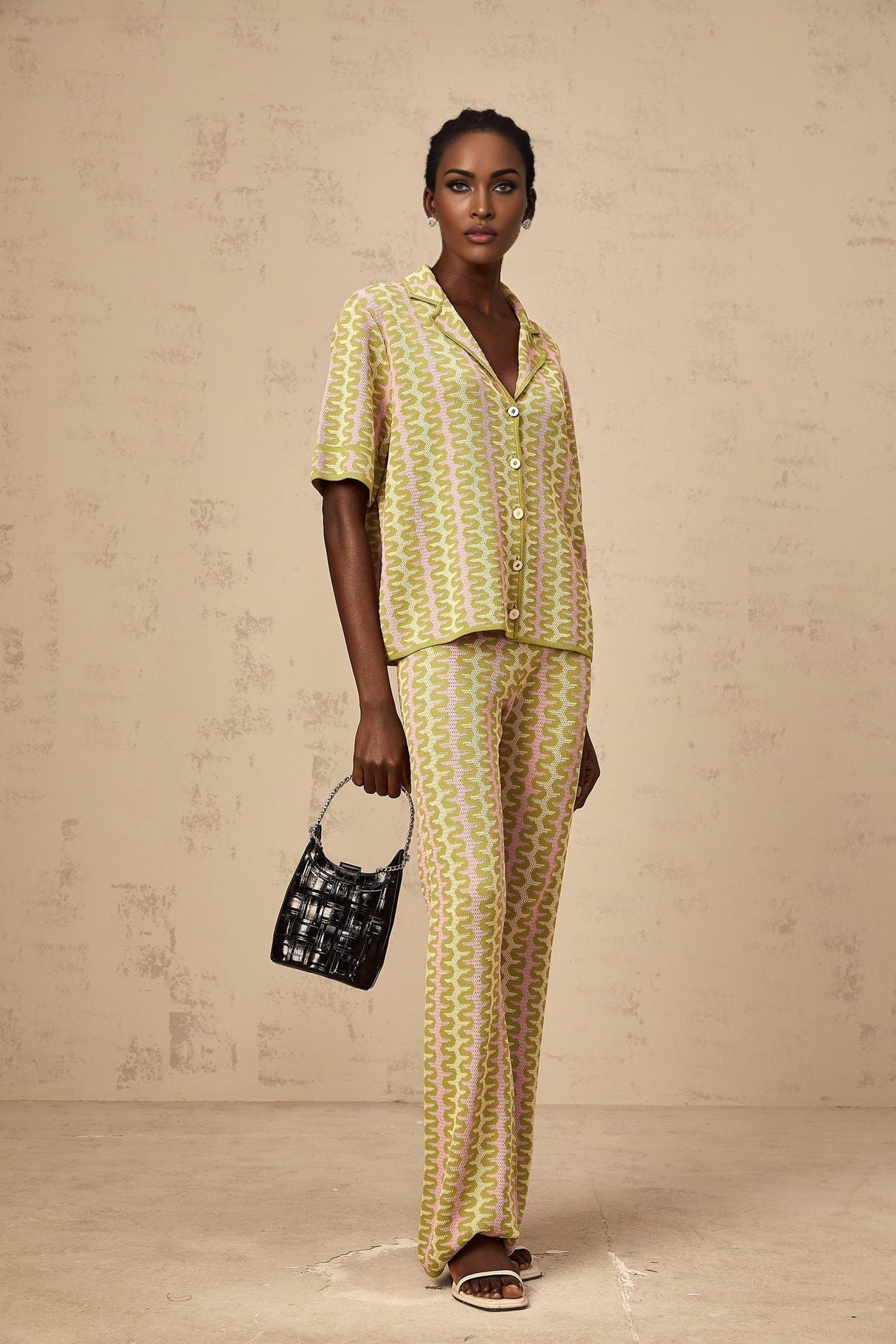 Marina Shirt & Trousers Green Pink Color Block Knit Set