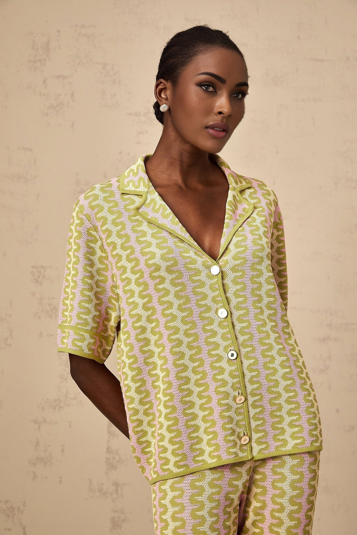 Marina Shirt & Trousers Green Pink Color Block Knit Set