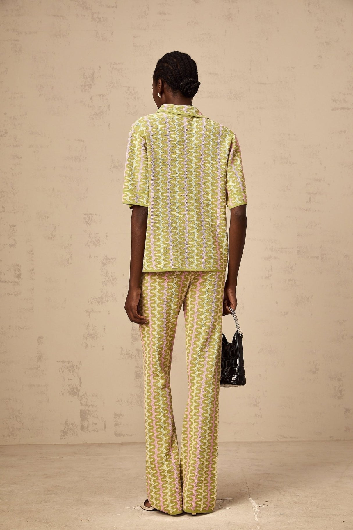 Marina Shirt & Trousers Green Pink Color Block Knit Set