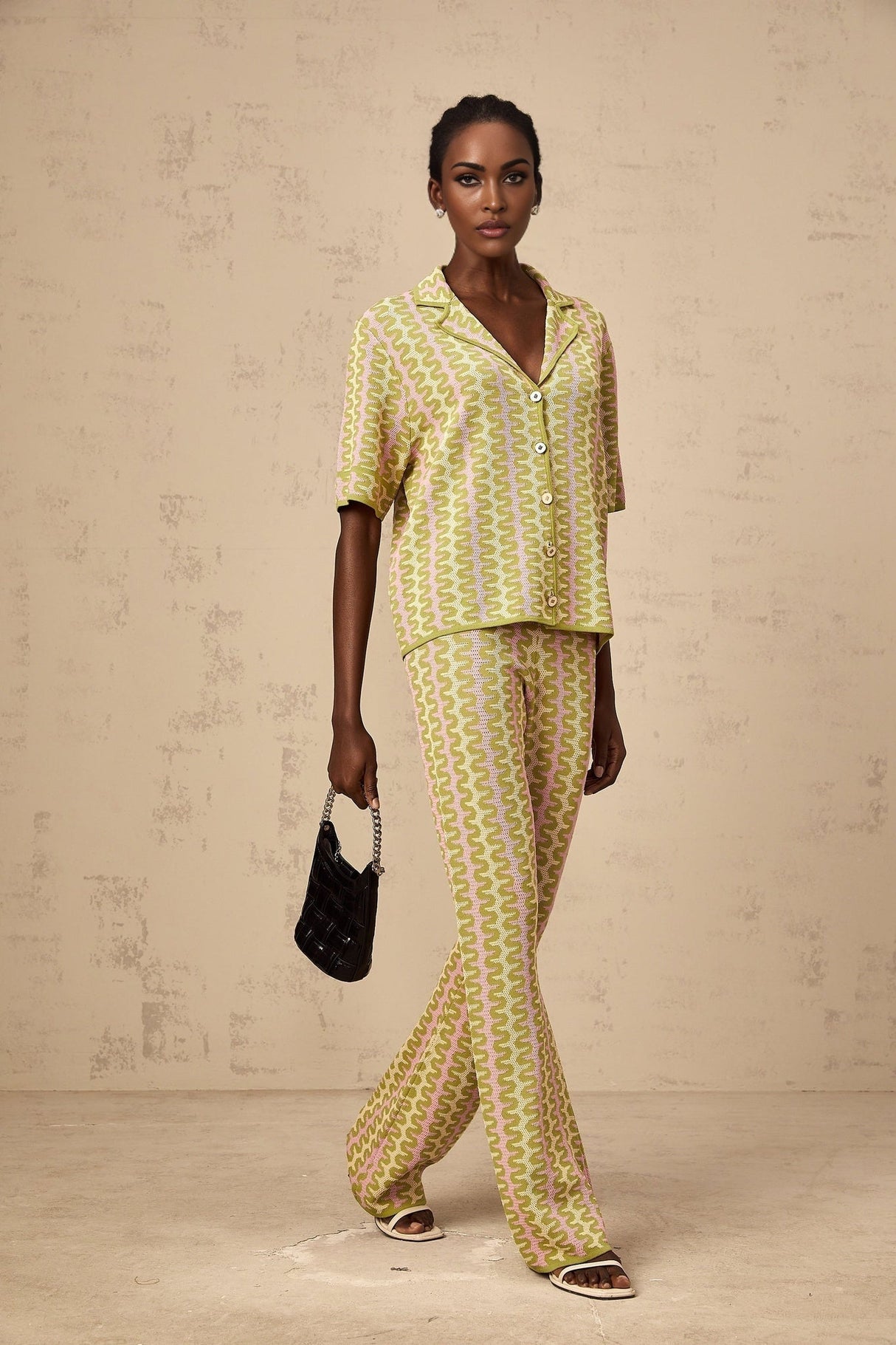 Marina Shirt & Trousers Green Pink Color Block Knit Set