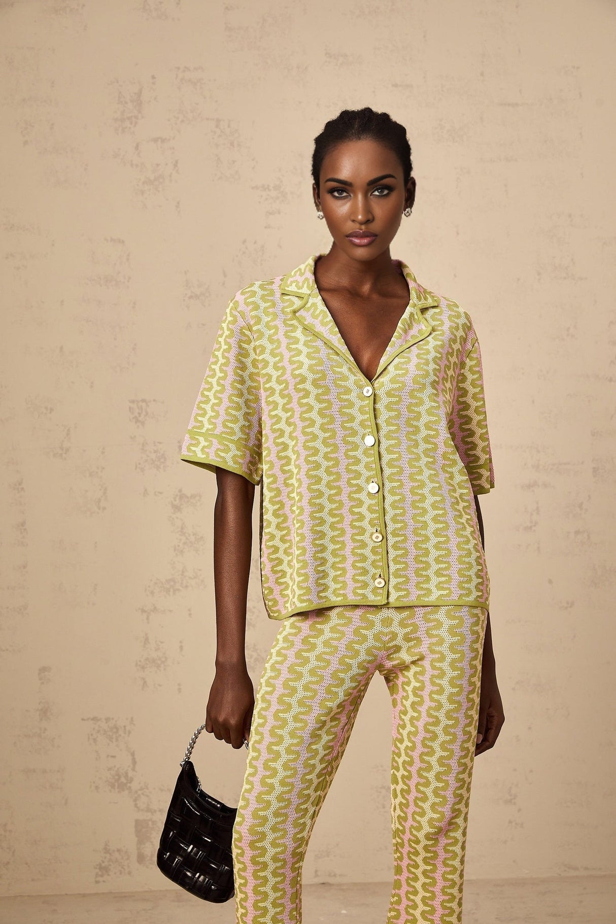 Marina Shirt & Trousers Green Pink Color Block Knit Set