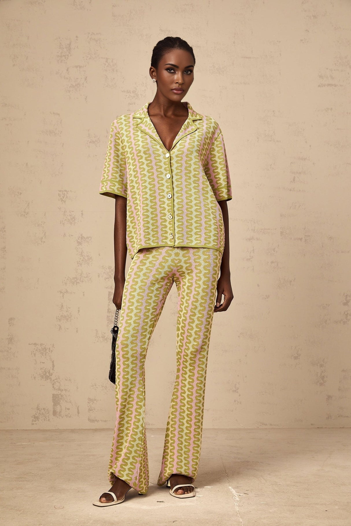 Marina Shirt & Trousers Green Pink Color Block Knit Set