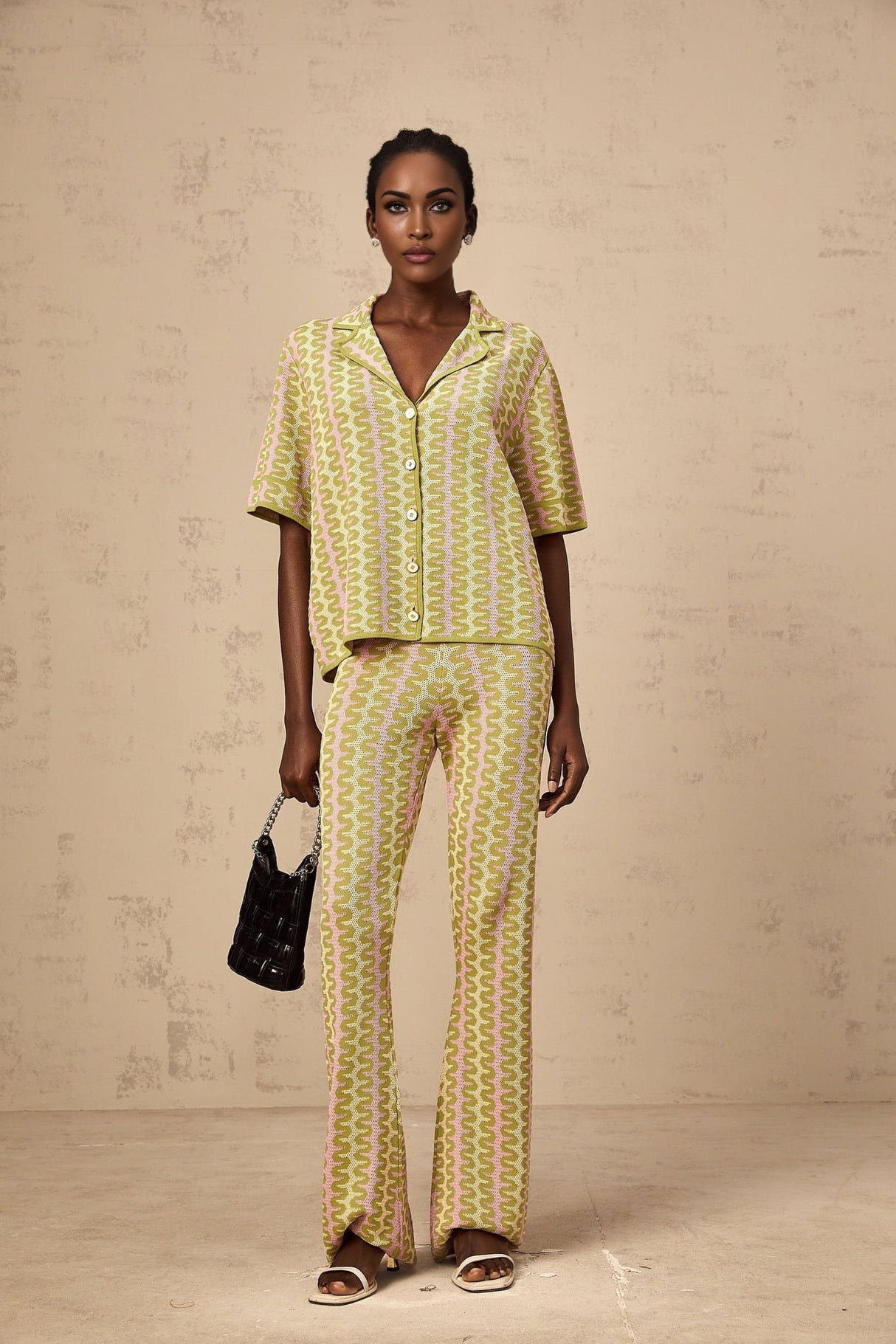 Marina Shirt & Trousers Green Pink Color Block Knit Set