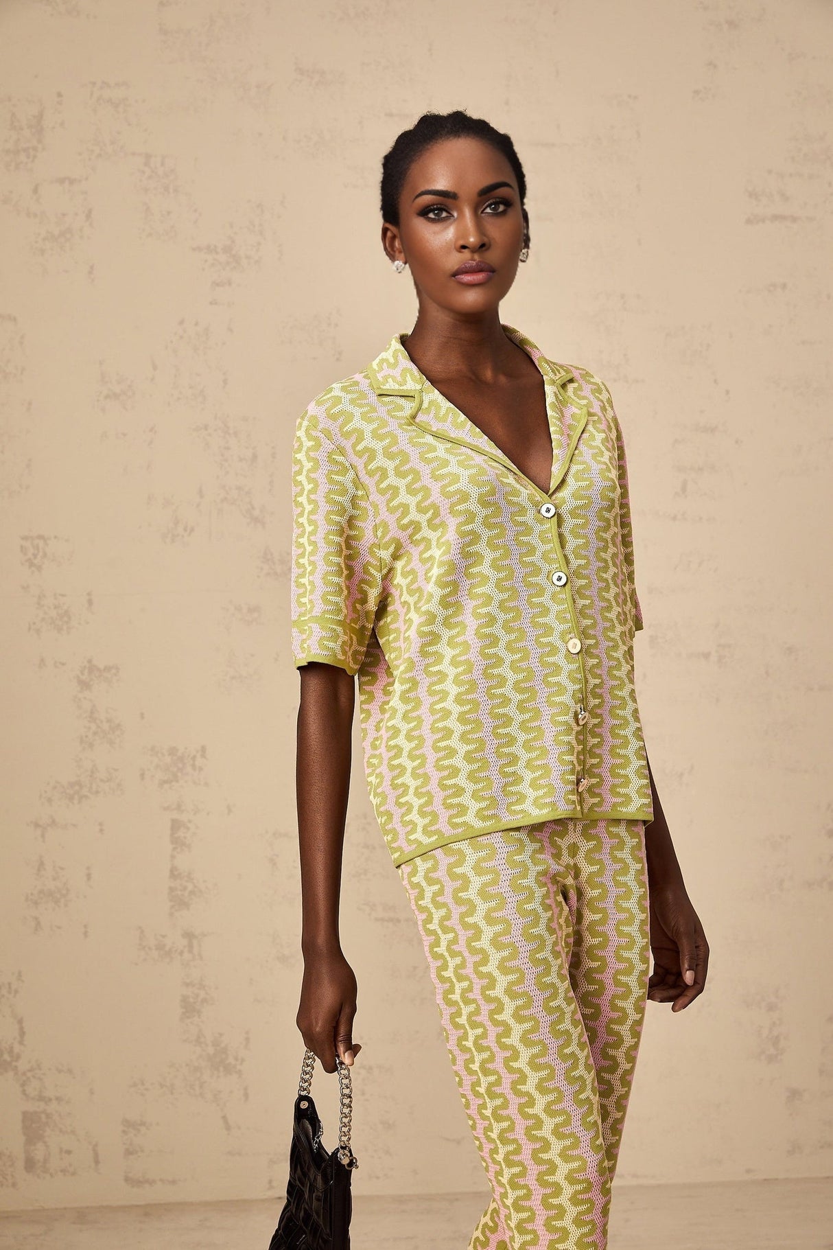 Marina Shirt & Trousers Green Pink Color Block Knit Set