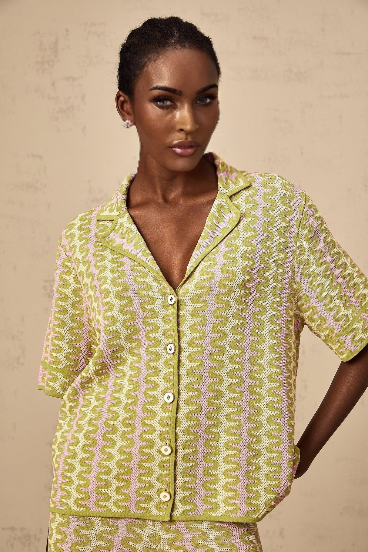 Marina Shirt & Trousers Green Pink Color Block Knit Set