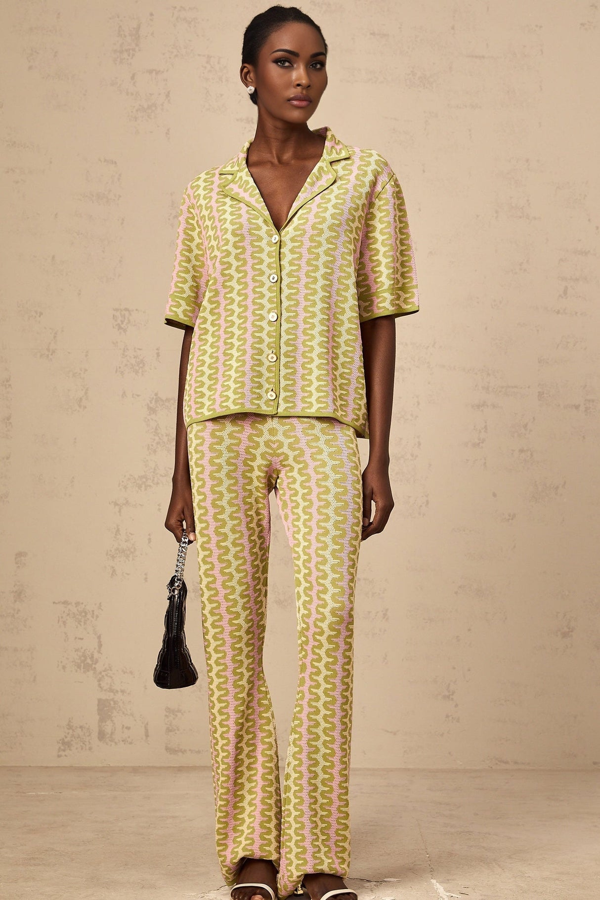 Marina Shirt & Trousers Green Pink Color Block Knit Set